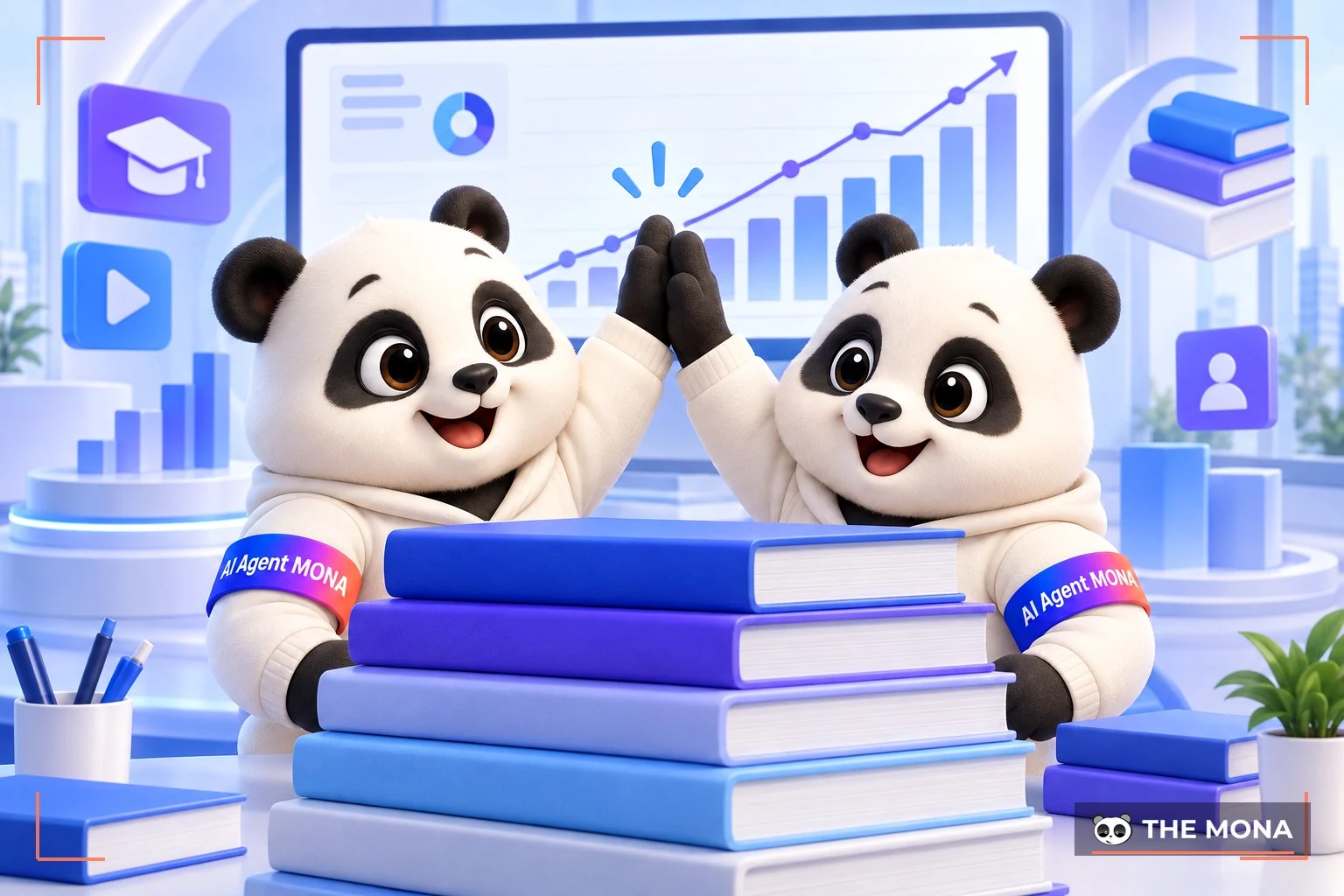 Hai gấu MONA ăn mừng hệ thống giáo dục chạy ổn định