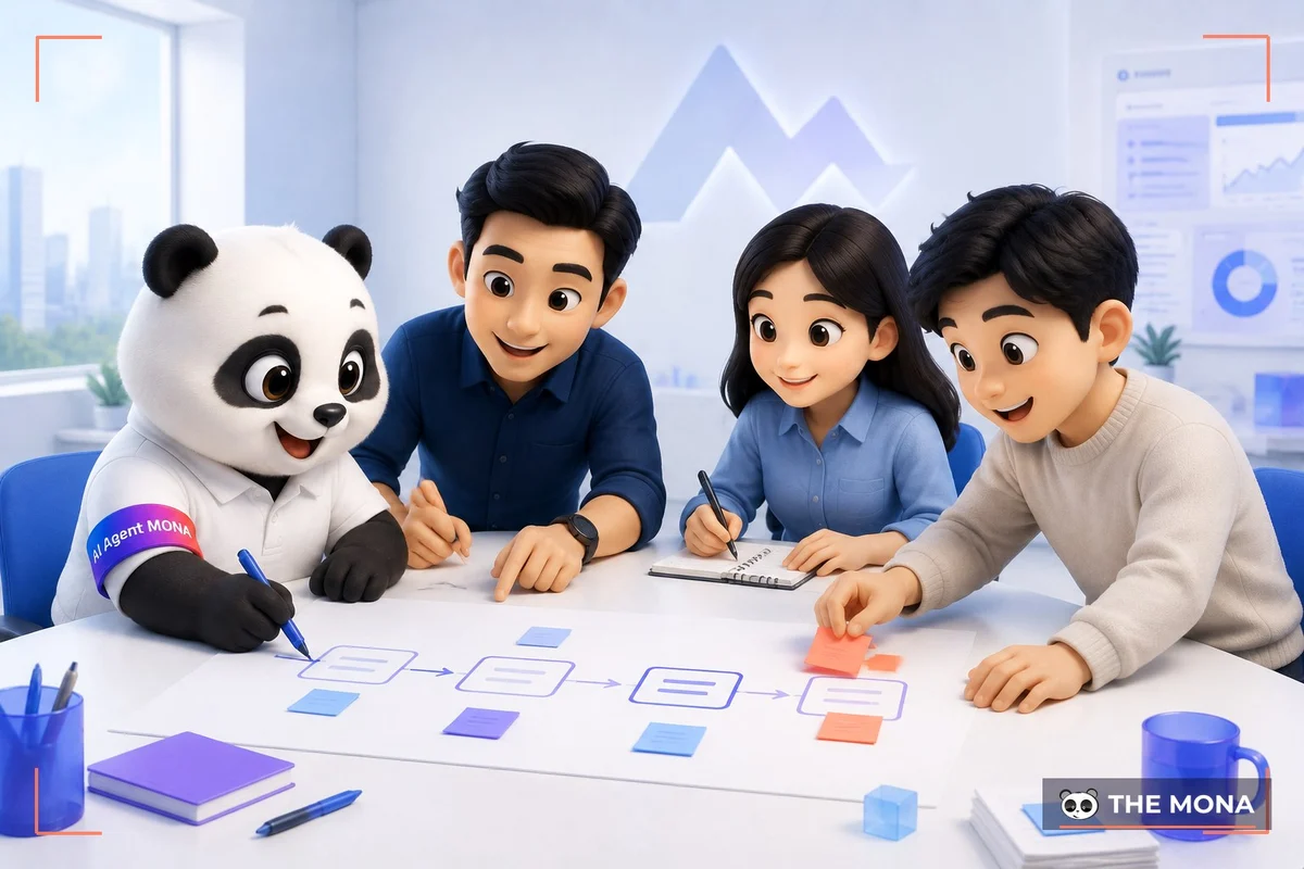 Gấu MONA cùng ba nhân sự khách hàng bóc quy trình trên sơ đồ giấy