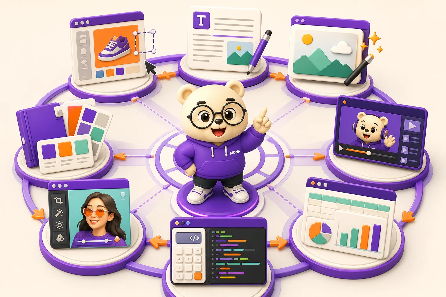 Gấu MONA điều phối các nhóm công cụ Canva AI