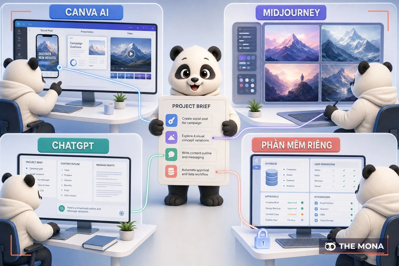 Đội gấu MONA chọn Canva AI Midjourney ChatGPT và phần mềm riêng