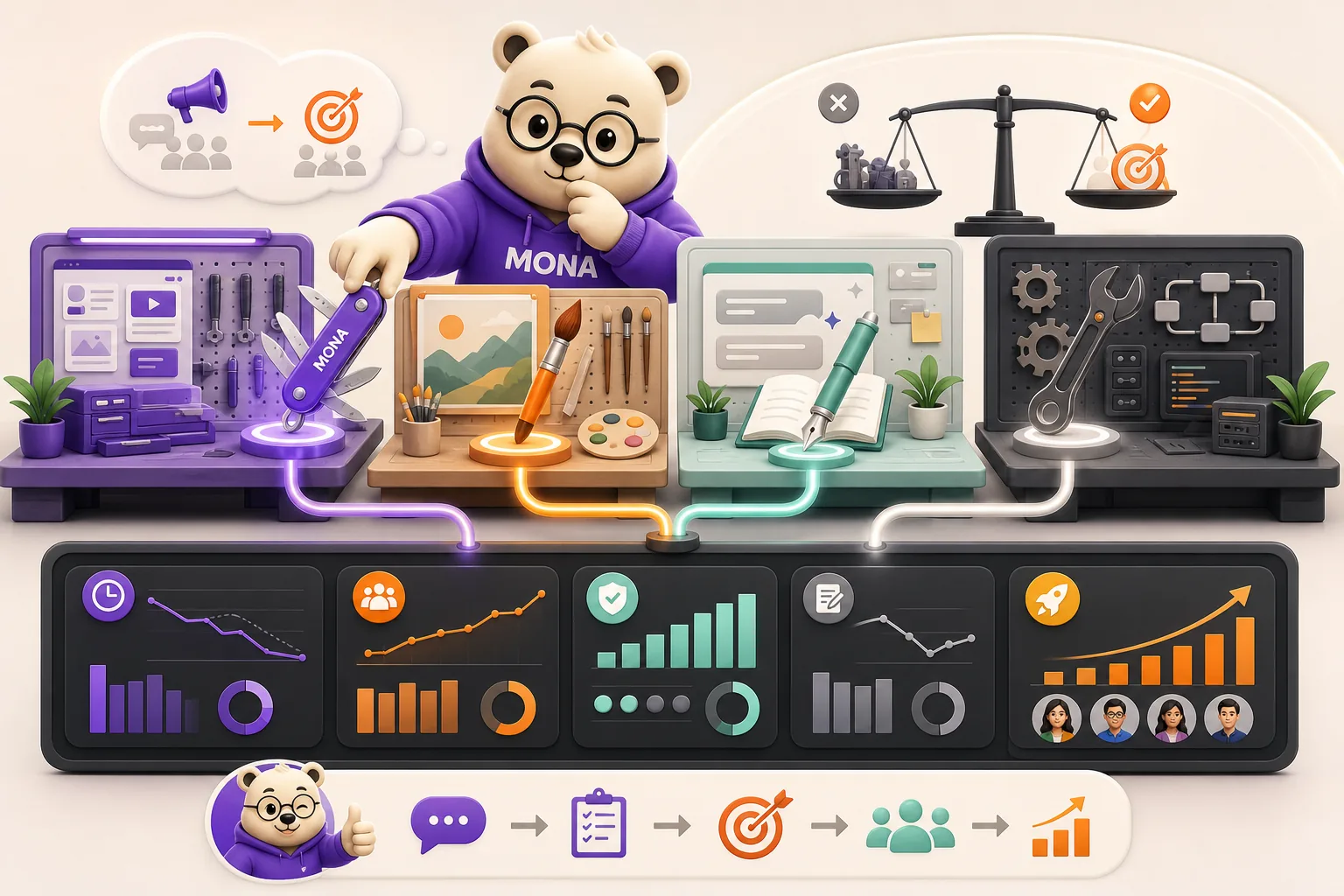 Gấu MONA so sánh Canva AI với các nhóm công cụ khác