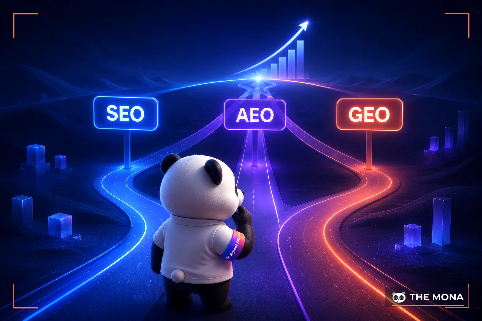 Gấu MONA đứng trước ba biển chỉ đường SEO, AEO và GEO để chọn hướng đi