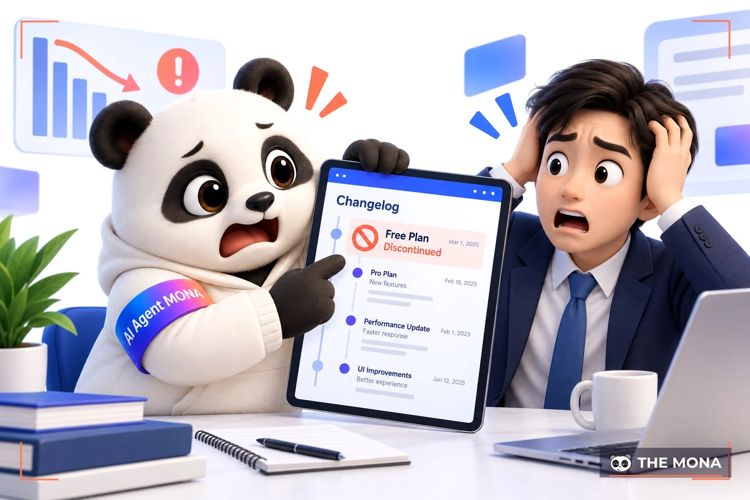 gấu mona hốt hoảng chỉ vào thông báo ngừng gói free