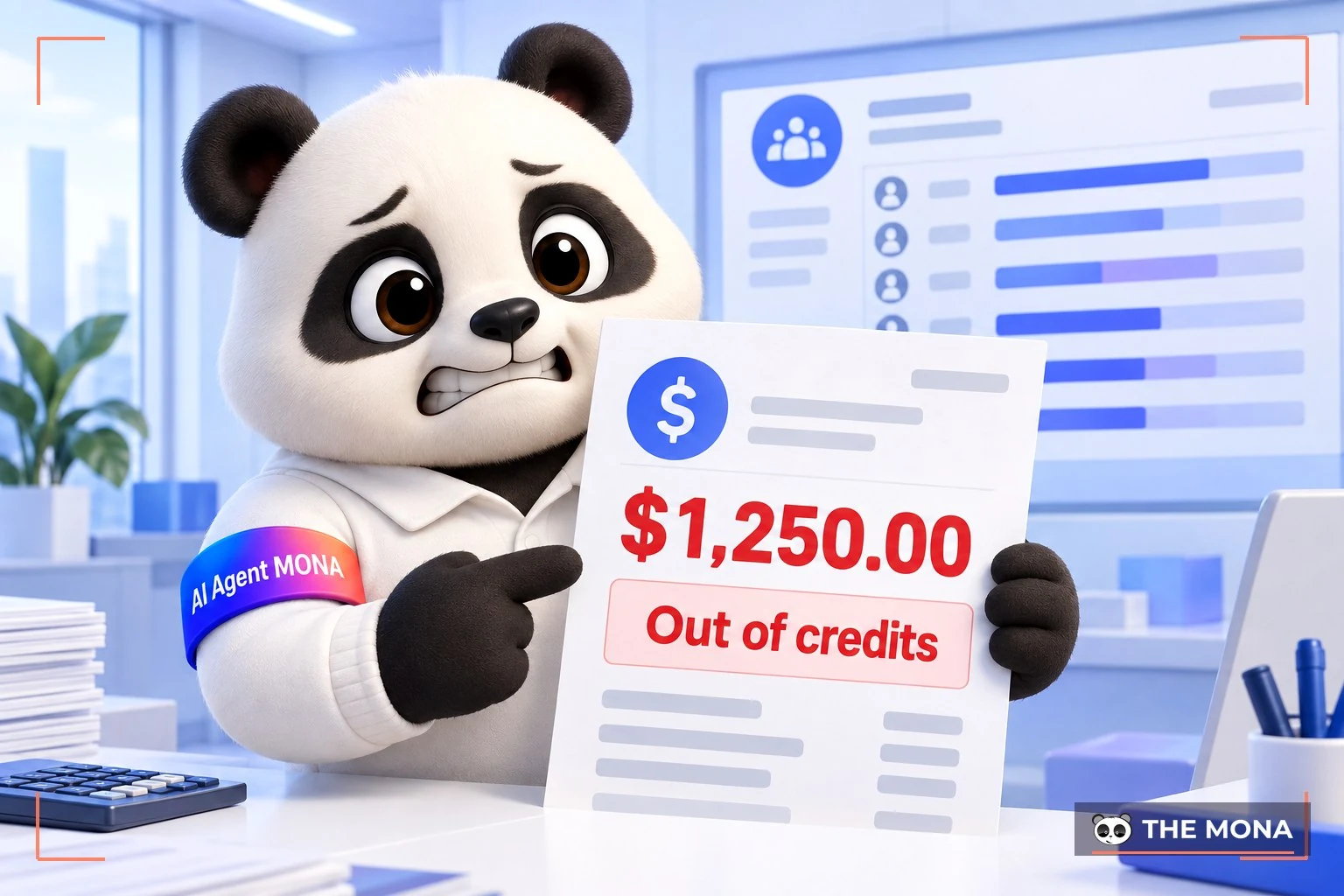 Gấu MONA kế toán nhăn mặt cầm hoá đơn USD vượt giới hạn