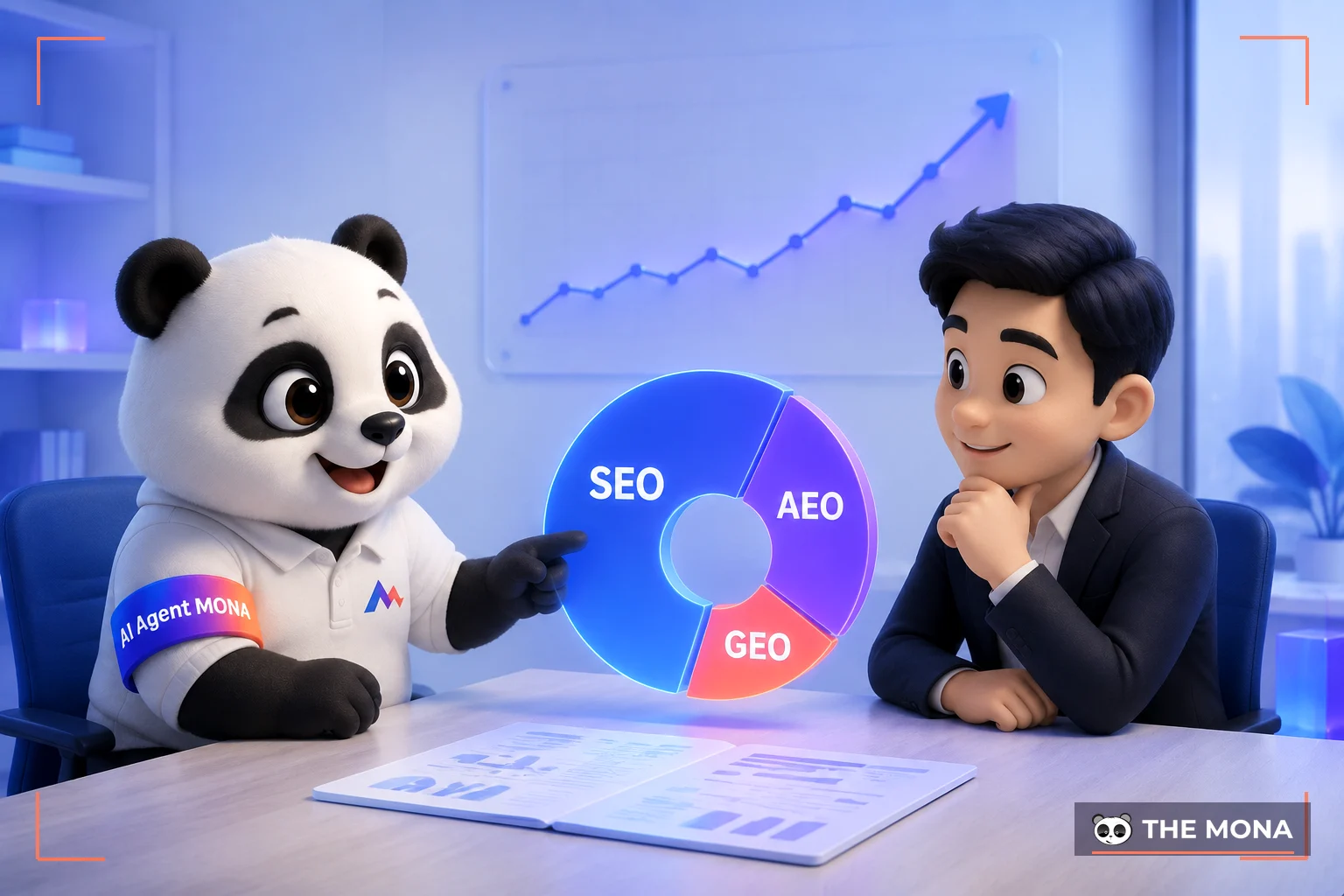 Gấu MONA ngồi bàn cùng chủ doanh nghiệp rà lại biểu đồ chia ngân sách SEO