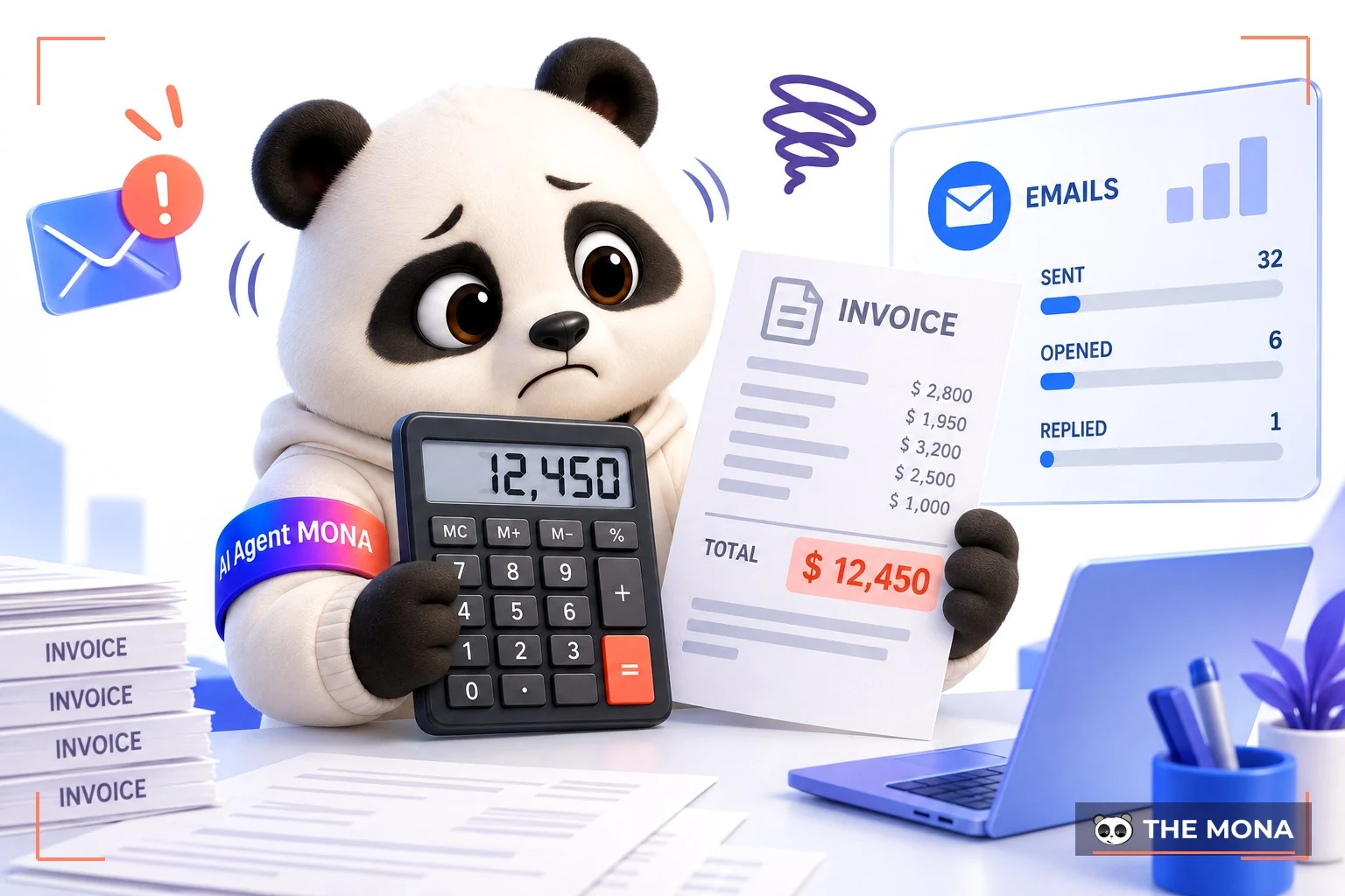 gấu mona cầm máy tính tính tiền hoá đơn sendgrid