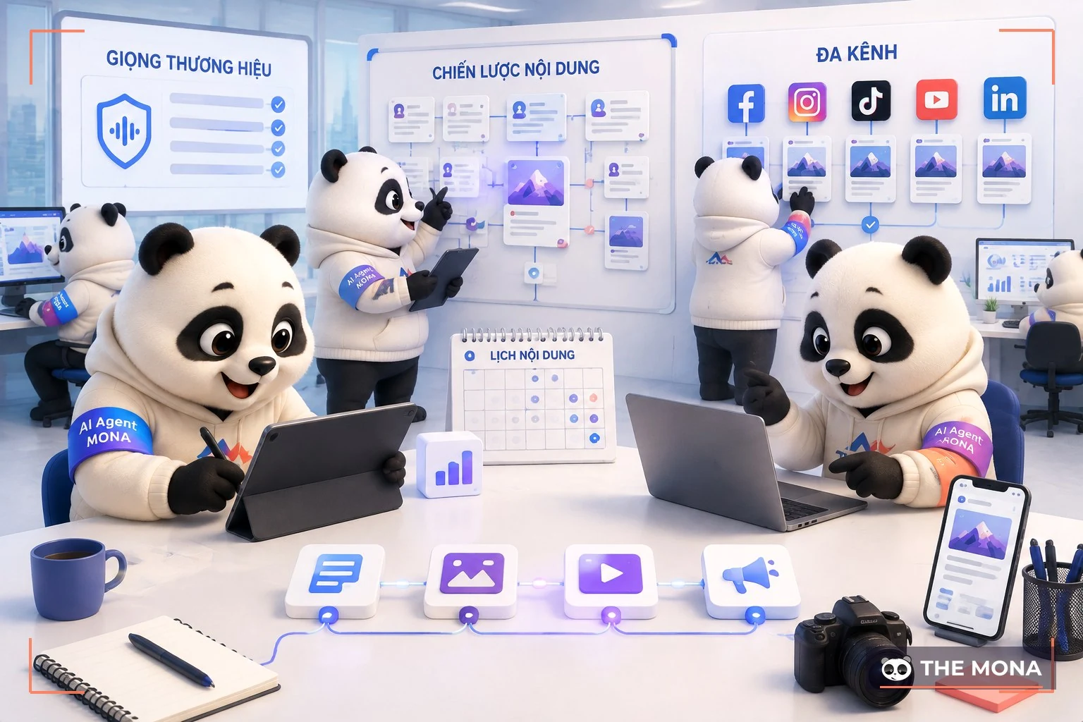 Đội gấu MONA đang thực hiện tạo nội dung marketing đa kênh tự động bí quyết nhân bản bài viết chuẩn giọng thương hiệu trong bối cảnh làm việc thực tế