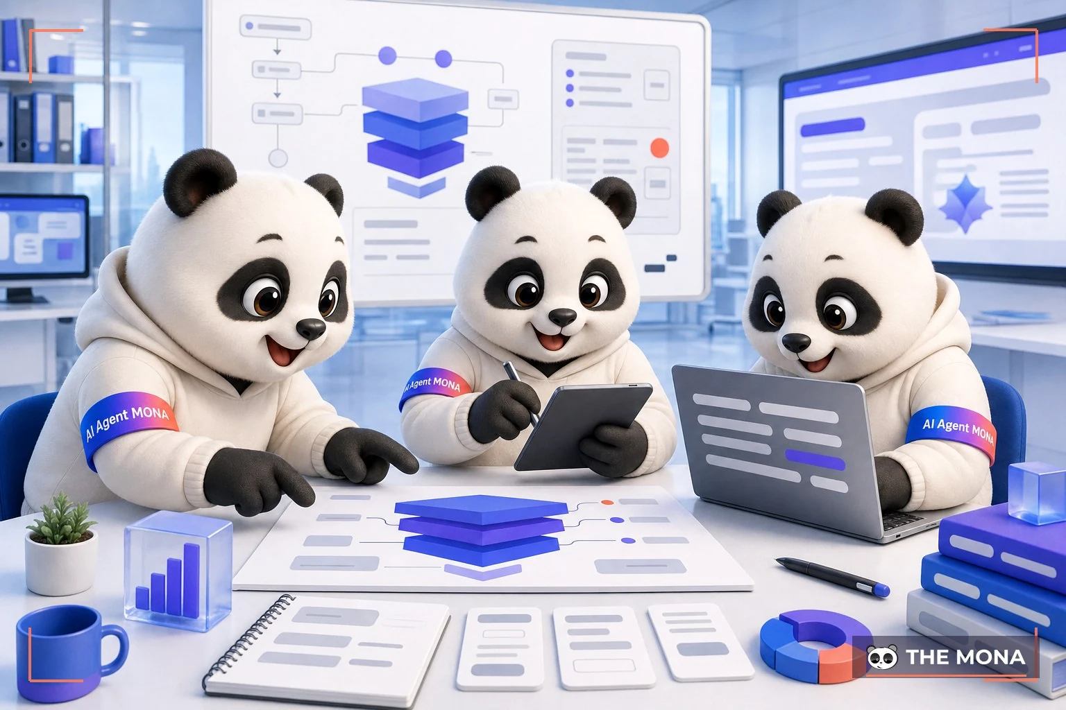 Đội gấu MONA đang thực hiện công thức prompt 4 lớp ép gemini tạo ra nội dung bán hàng chuyên nghiệp trong bối cảnh làm việc thực tế