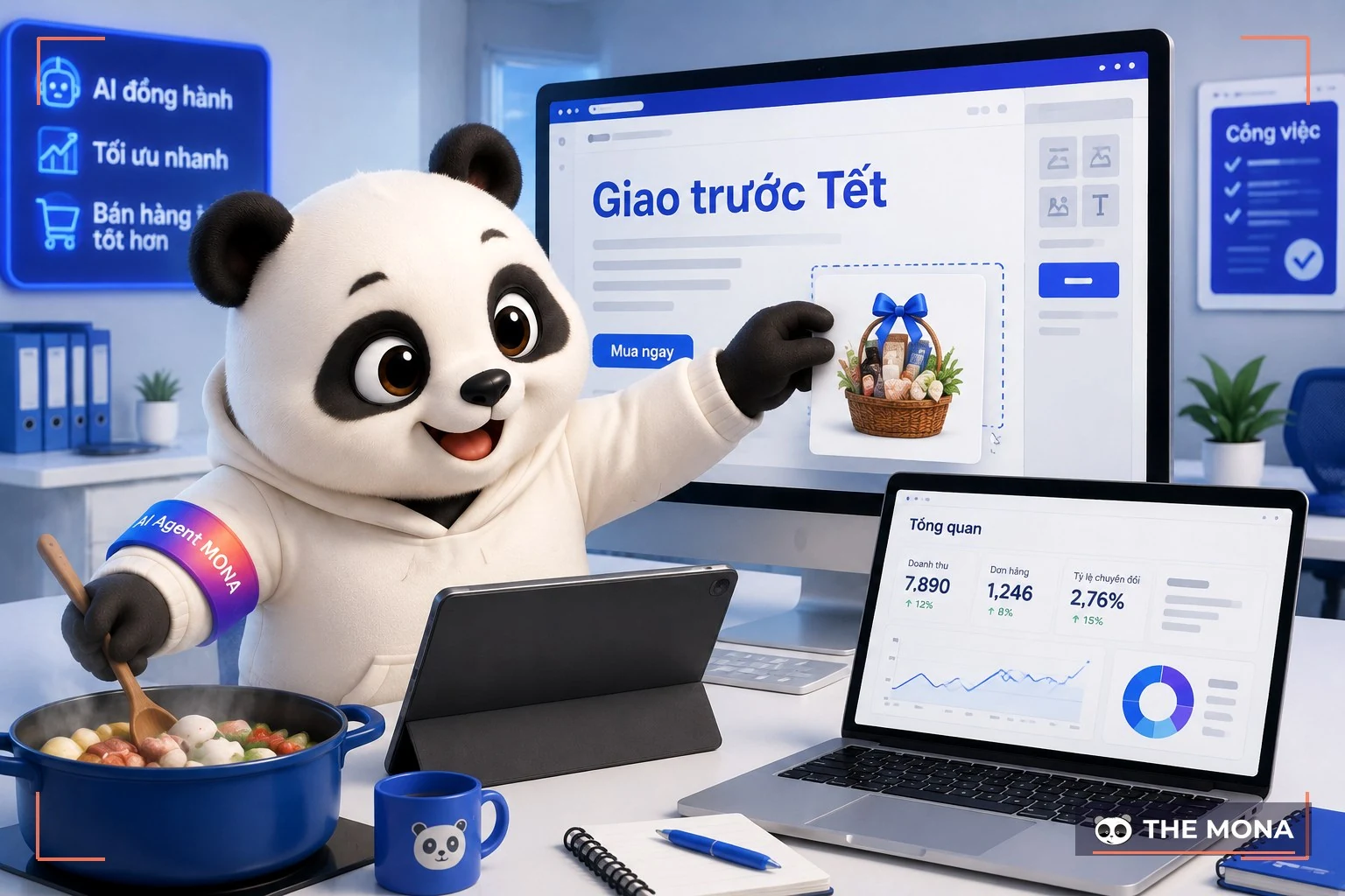 Gấu MONA vừa trông bếp vừa dựng trang giỏ quà giao trước Tết
