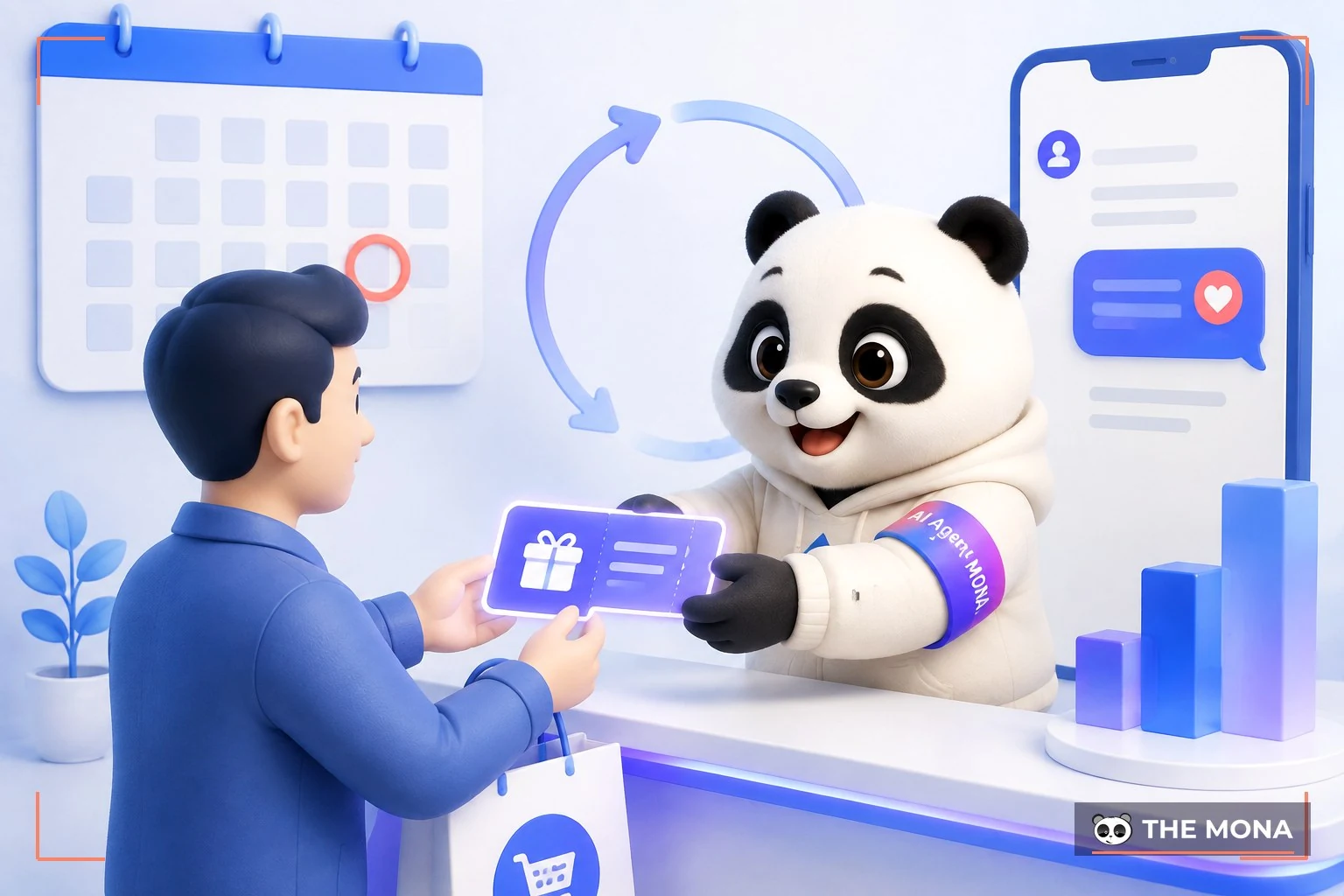 Gấu MONA trao phiếu ưu đãi cho khách cũ quay lại mua bên tấm lịch đánh dấu ngày gửi lời nhắn