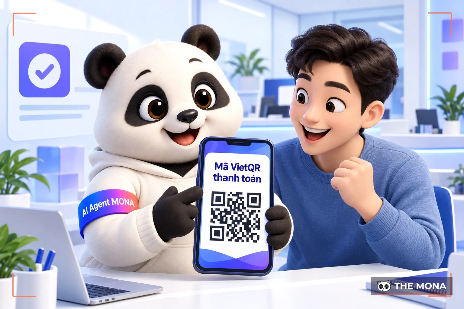 Gấu MONA huong dan khach giu ten mien qua VietQR