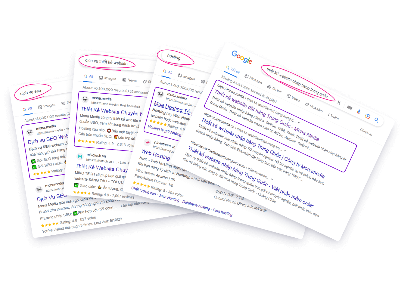 Các từ khóa dự án do MONA triển khai đạt top 1 Google