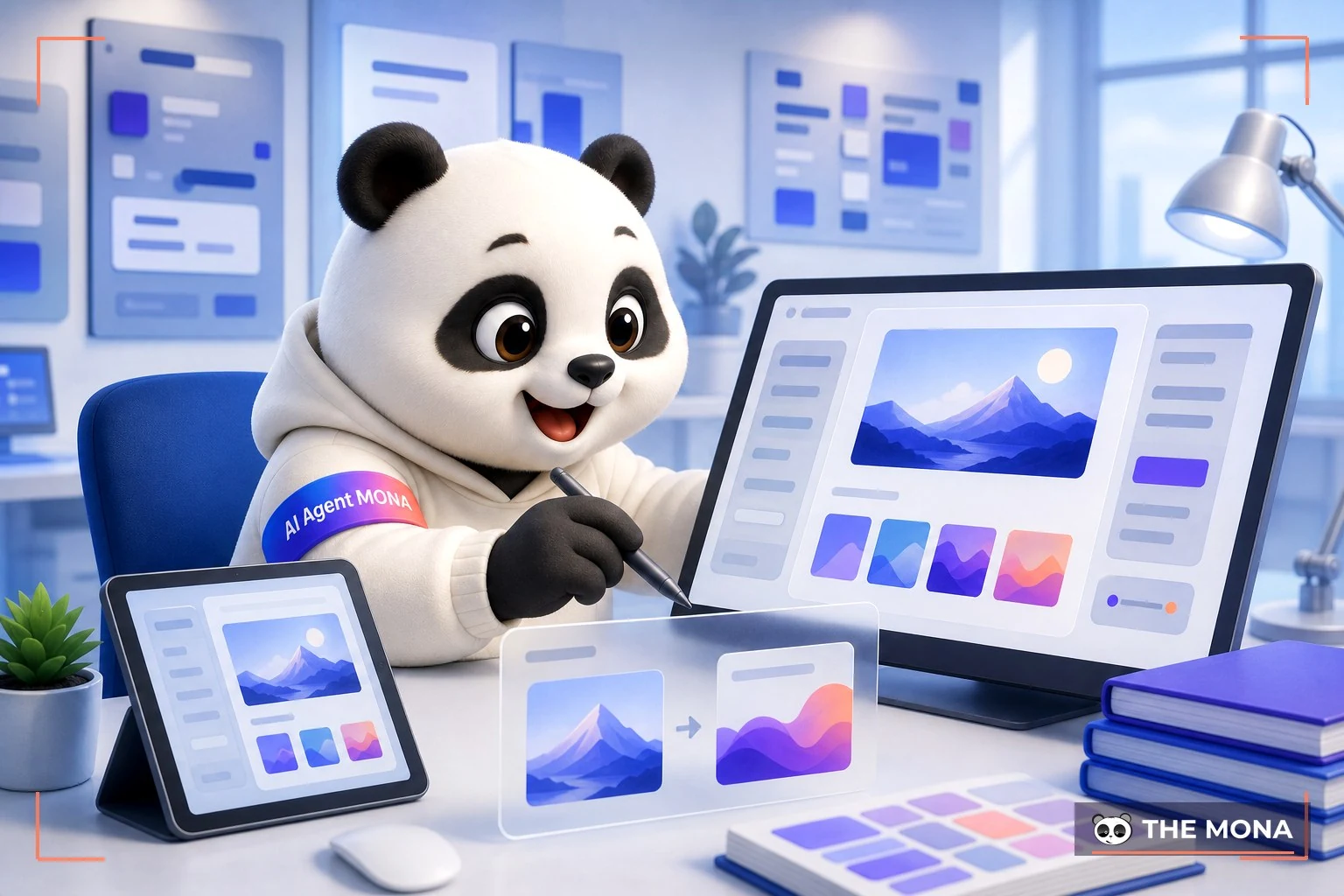 Đội gấu MONA đang thực hiện học adobe firefly cho người mới chế độ 'reference image' để nhân bản style, không cần viết lại prompt trong bối cảnh làm việc thực tế