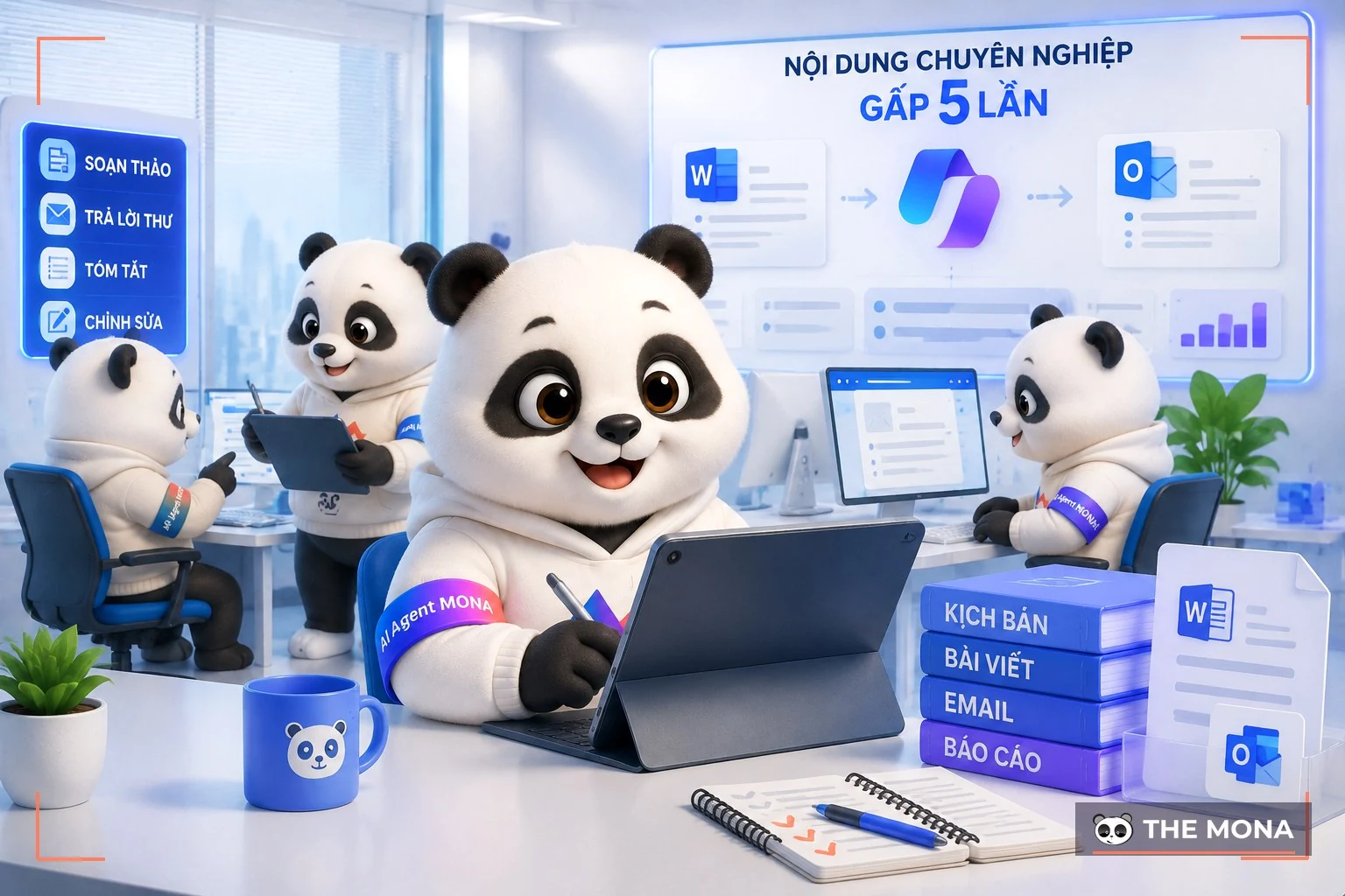 Đội gấu MONA đang thực hiện tạo nội dung chuyên nghiệp gấp 5 lần với copilot trong word và outlook trong bối cảnh làm việc thực tế