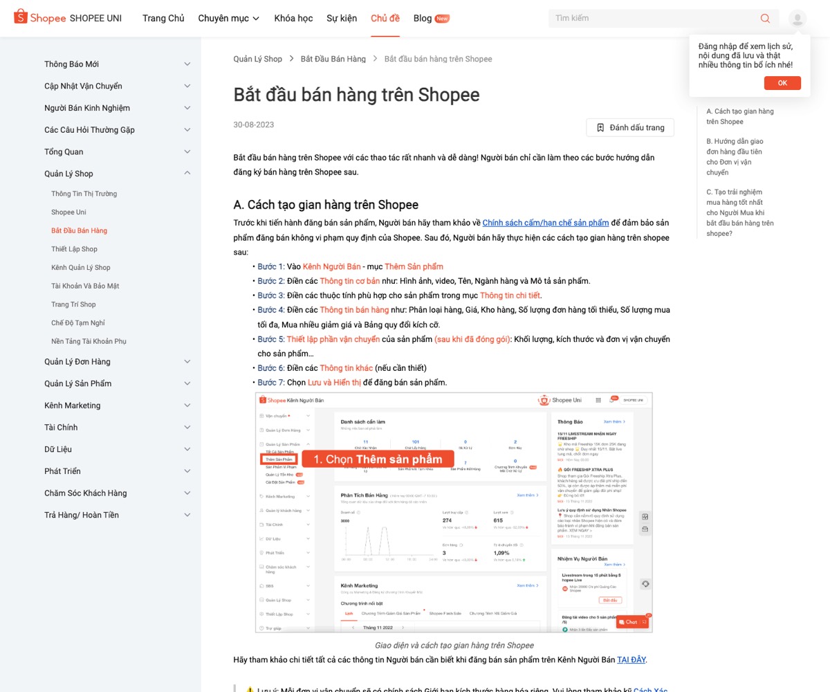 Trang hướng dẫn bắt đầu bán hàng trên Shopee của Học viện Shopee