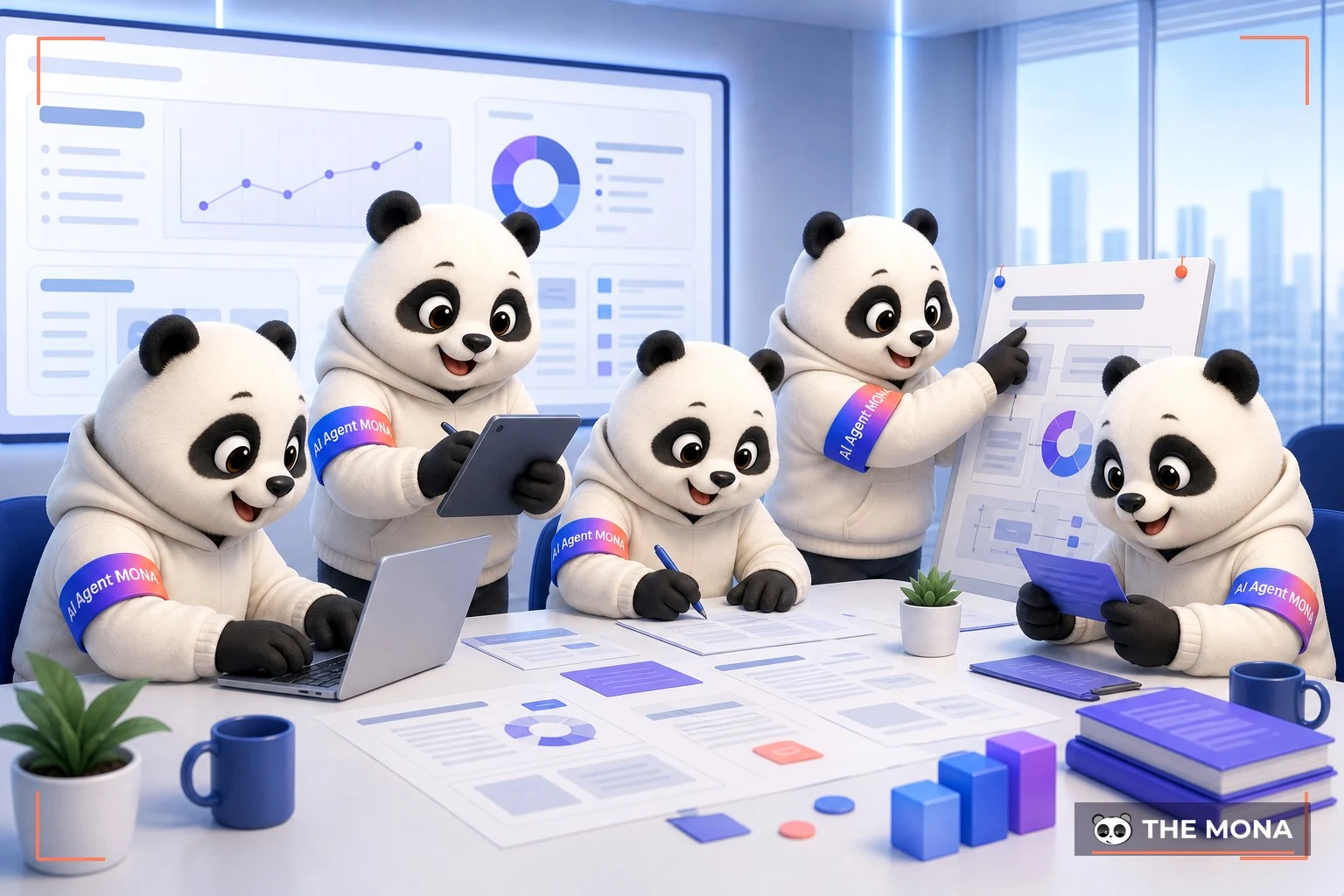 Đội gấu MONA đang thực hiện tạo nội dung chất lượng công thức chỉnh chu cho chiến dịch marketing trong bối cảnh làm việc thực tế