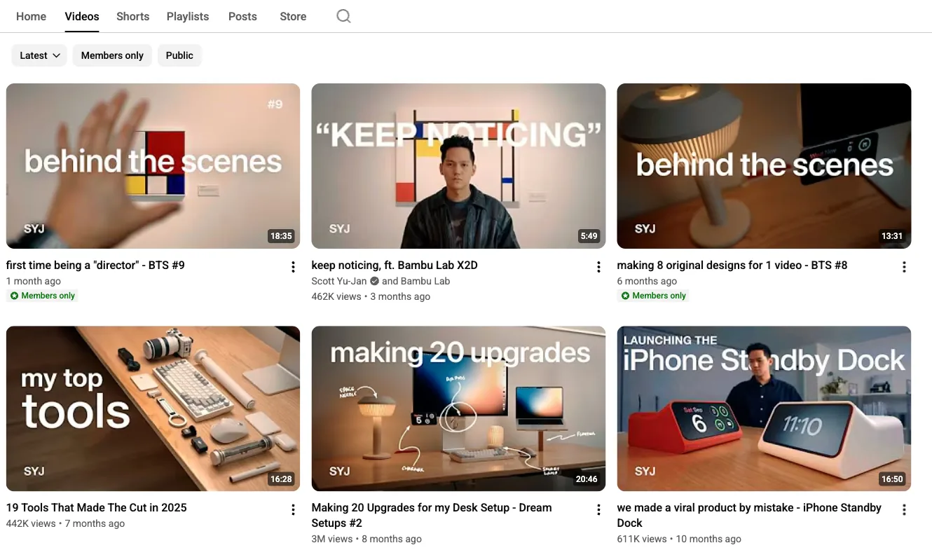 Trang video kênh Scott Yu-Jan với các video gắn nhãn Members only