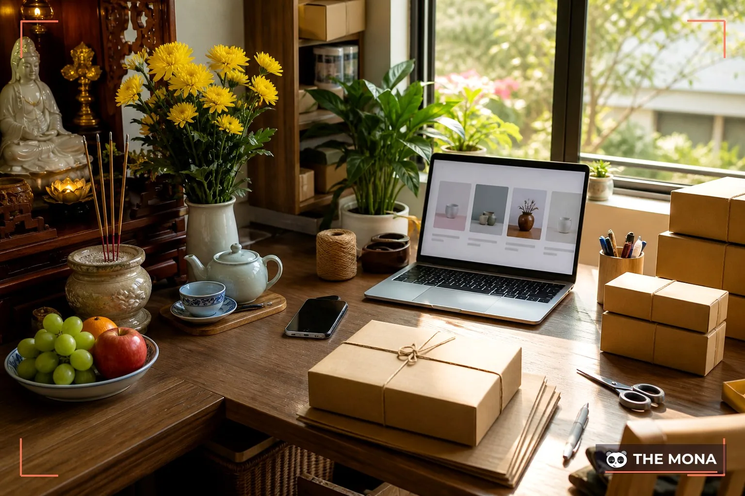 Góc làm lễ khai trương shop online bên máy tính và kiện hàng