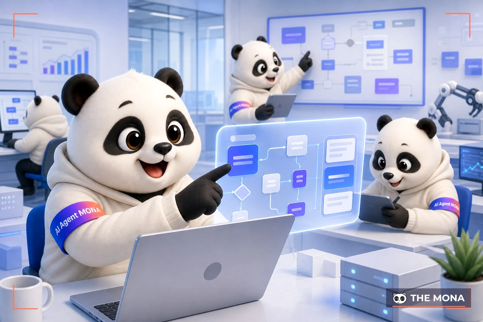 Đội gấu MONA đang thực hiện lập trình tự động hóa bí quyết tăng tốc quy trình với kling trong bối cảnh làm việc thực tế