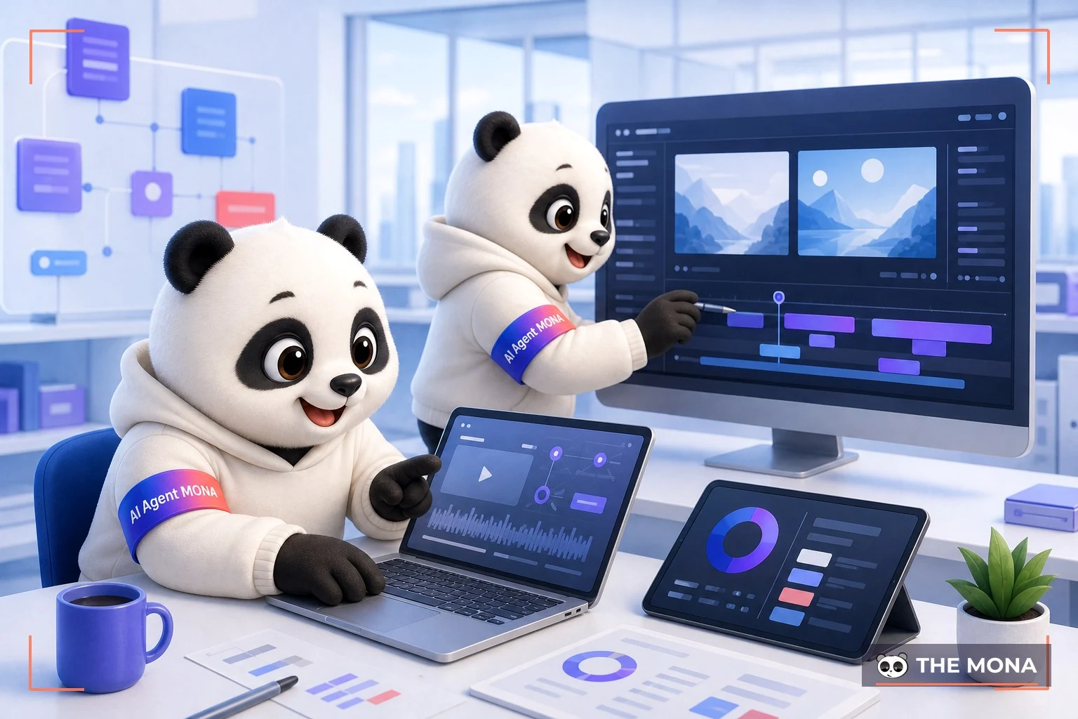 Đội gấu MONA đang thực hiện kling và veo công cụ ai tối ưu cho công việc trong bối cảnh làm việc thực tế