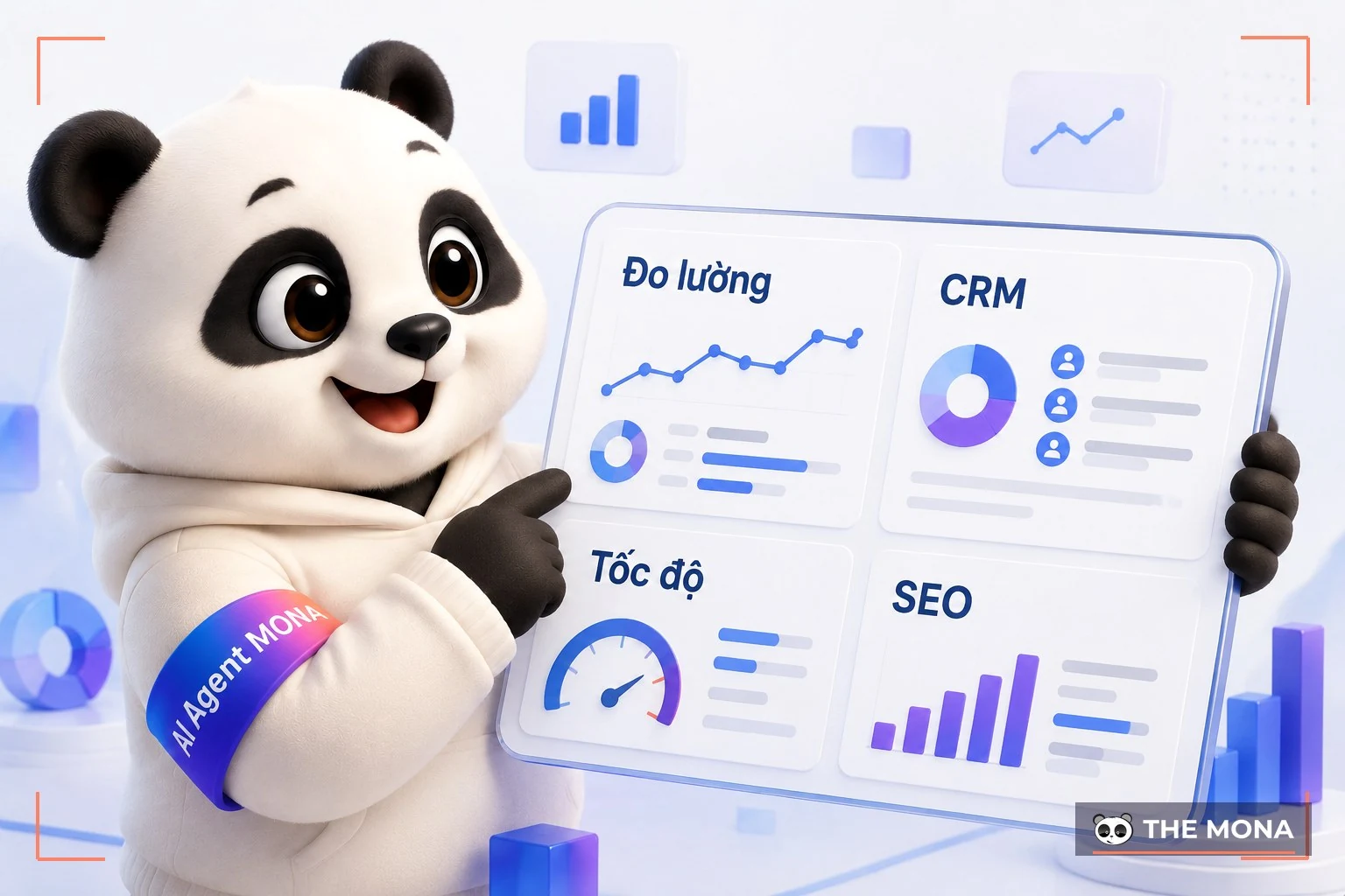 Gấu MONA chỉ bảng bốn ô đo lường, CRM, tốc độ và SEO