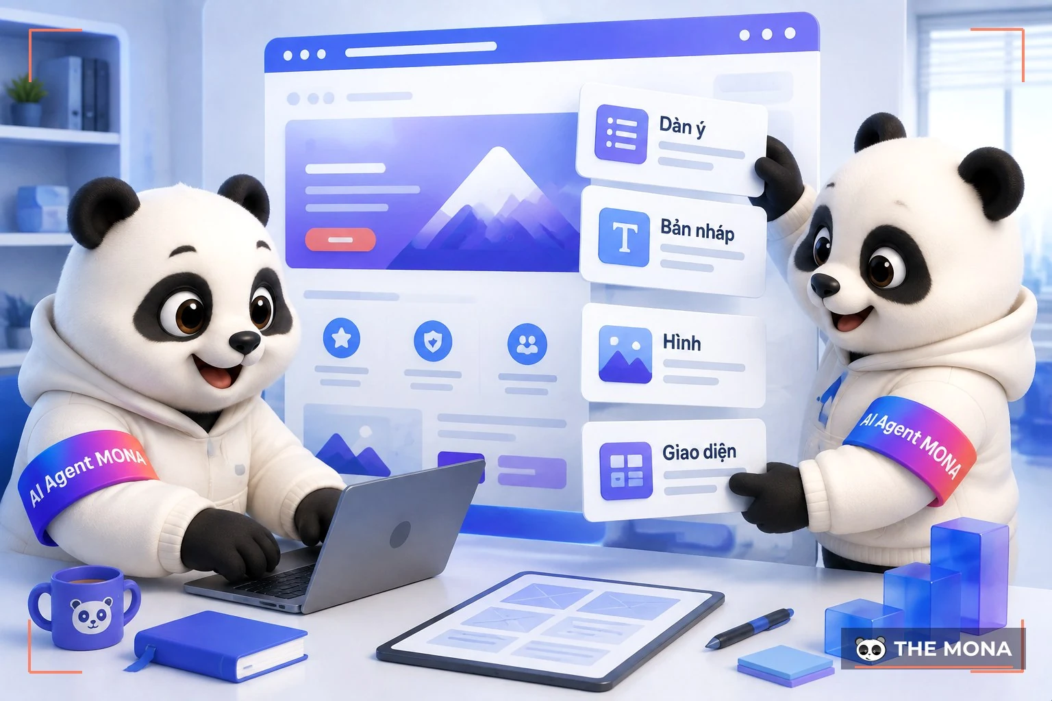 Hai gấu MONA ráp bốn thẻ dàn ý, bản nháp, hình và giao diện