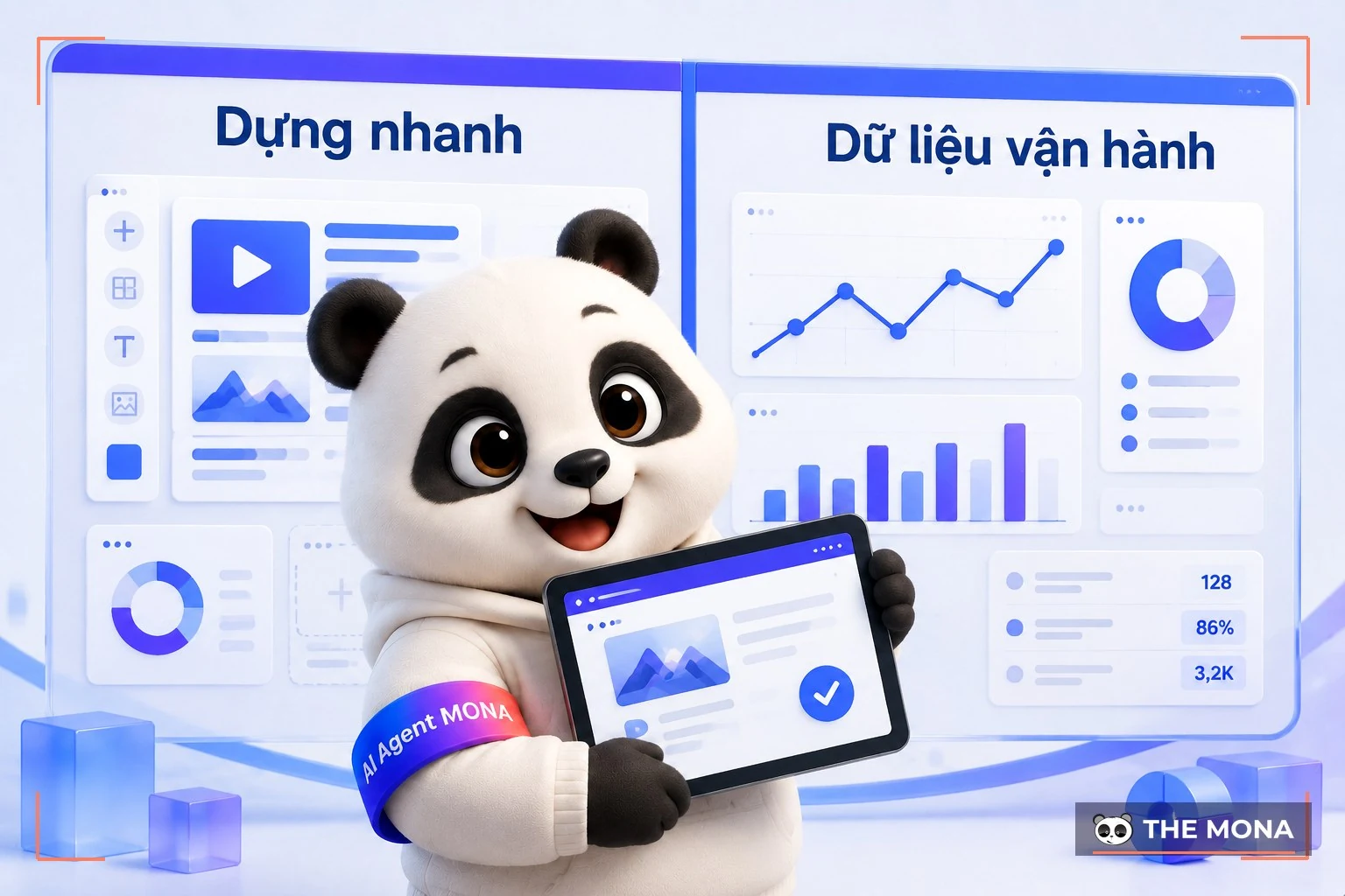 Gấu MONA cầm máy tính bảng giữa hai vùng dựng nhanh và dữ liệu vận hành