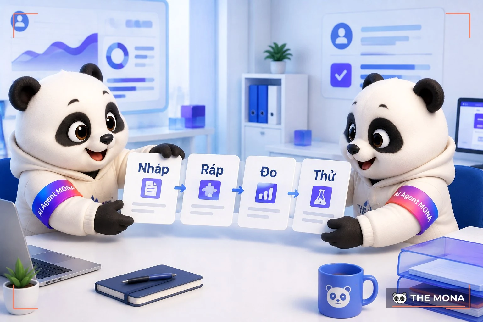 Hai gấu MONA nối bốn thẻ nháp, ráp, đo, thử thành quy trình