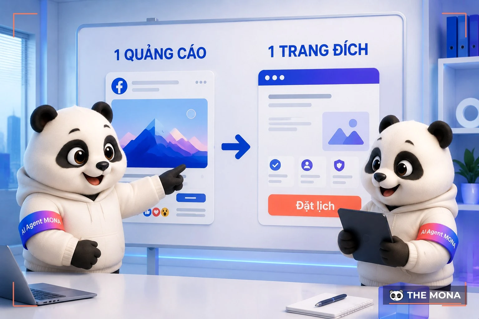 Hai gấu MONA trình bày sơ đồ một quảng cáo dẫn vào một trang đích