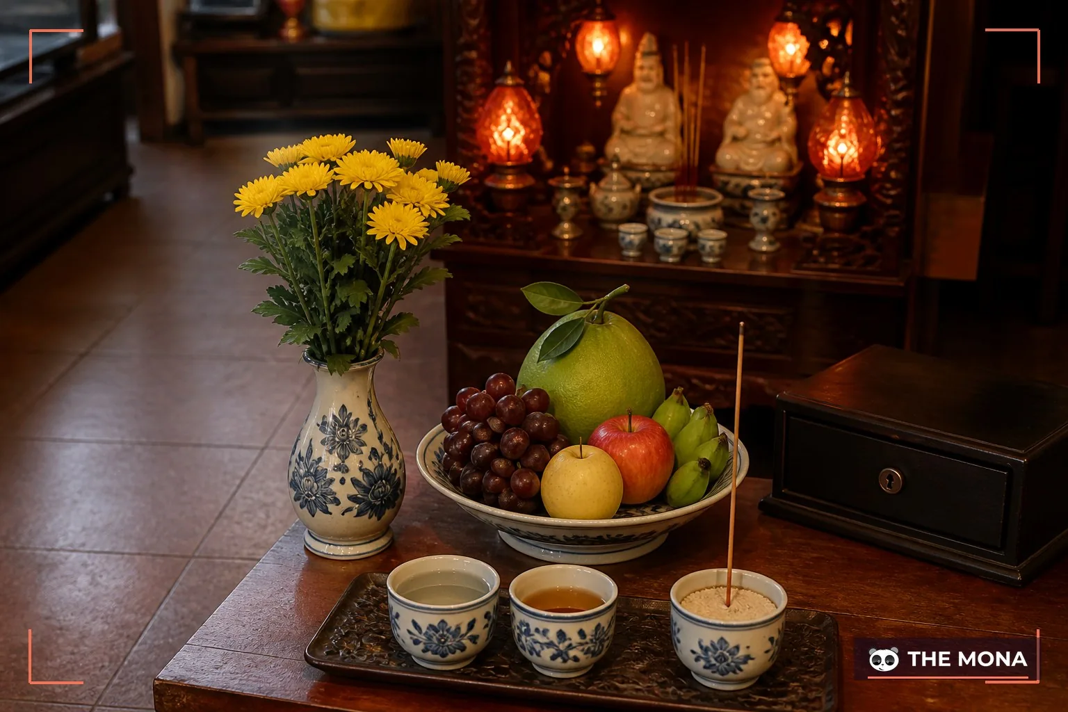 Lễ cúng Thần Tài hàng ngày gồm hoa quả nước và hương