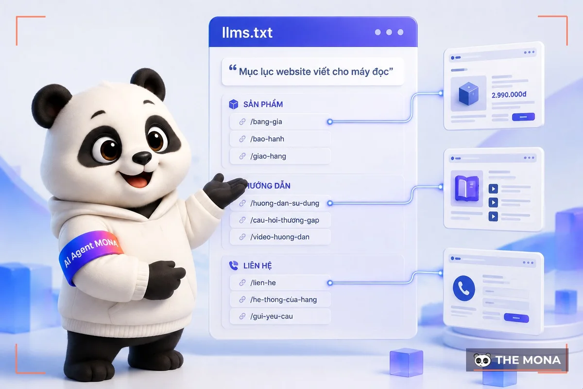Gấu MONA giới thiệu cấu trúc file llms.txt gồm tóm tắt và các nhóm đường dẫn