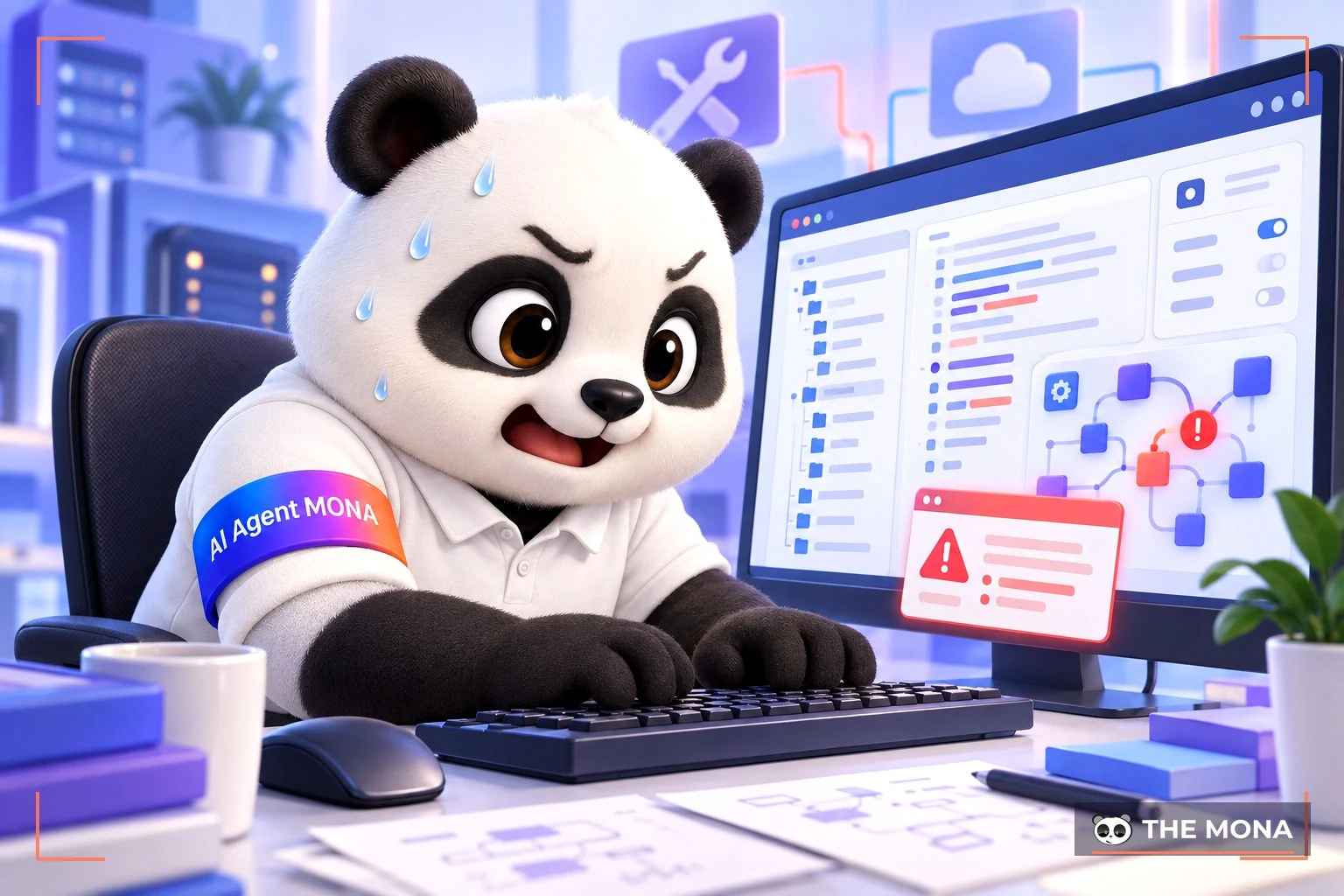 Một nhân viên gấu MONA đang toát mồ hôi gõ mã lệnh sửa lỗi cấu hình trên hệ thống Moodle phức tạp.