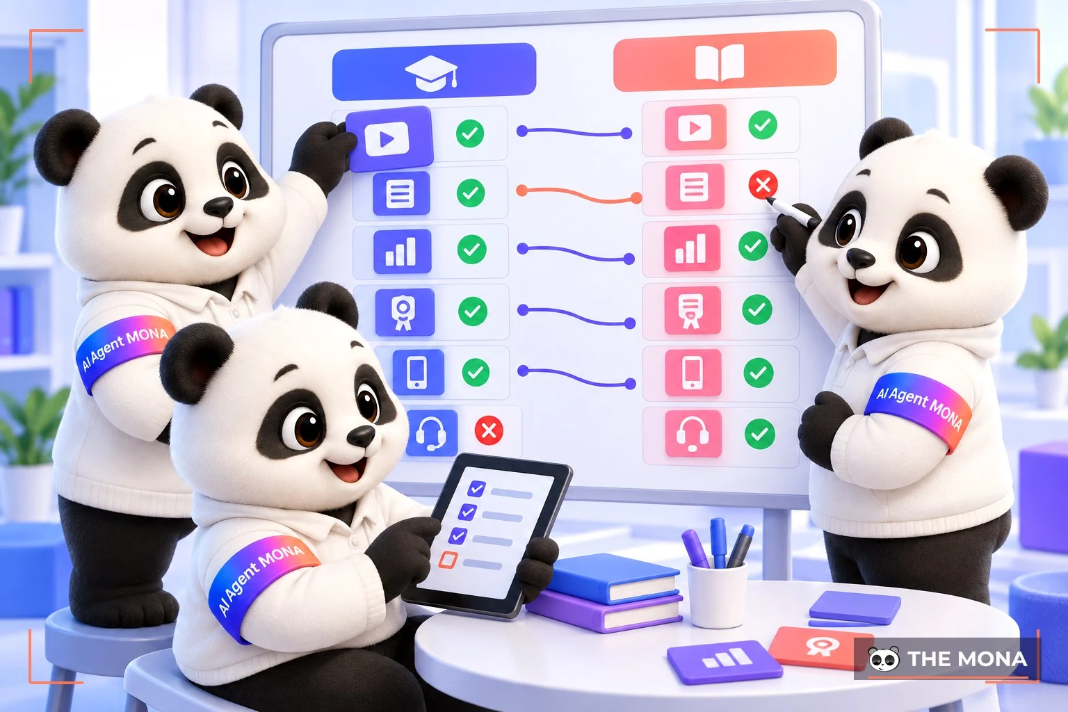 Đội gấu MONA đối chiếu tính năng của hai nền tảng giáo dục trên một bảng trắng lớn.