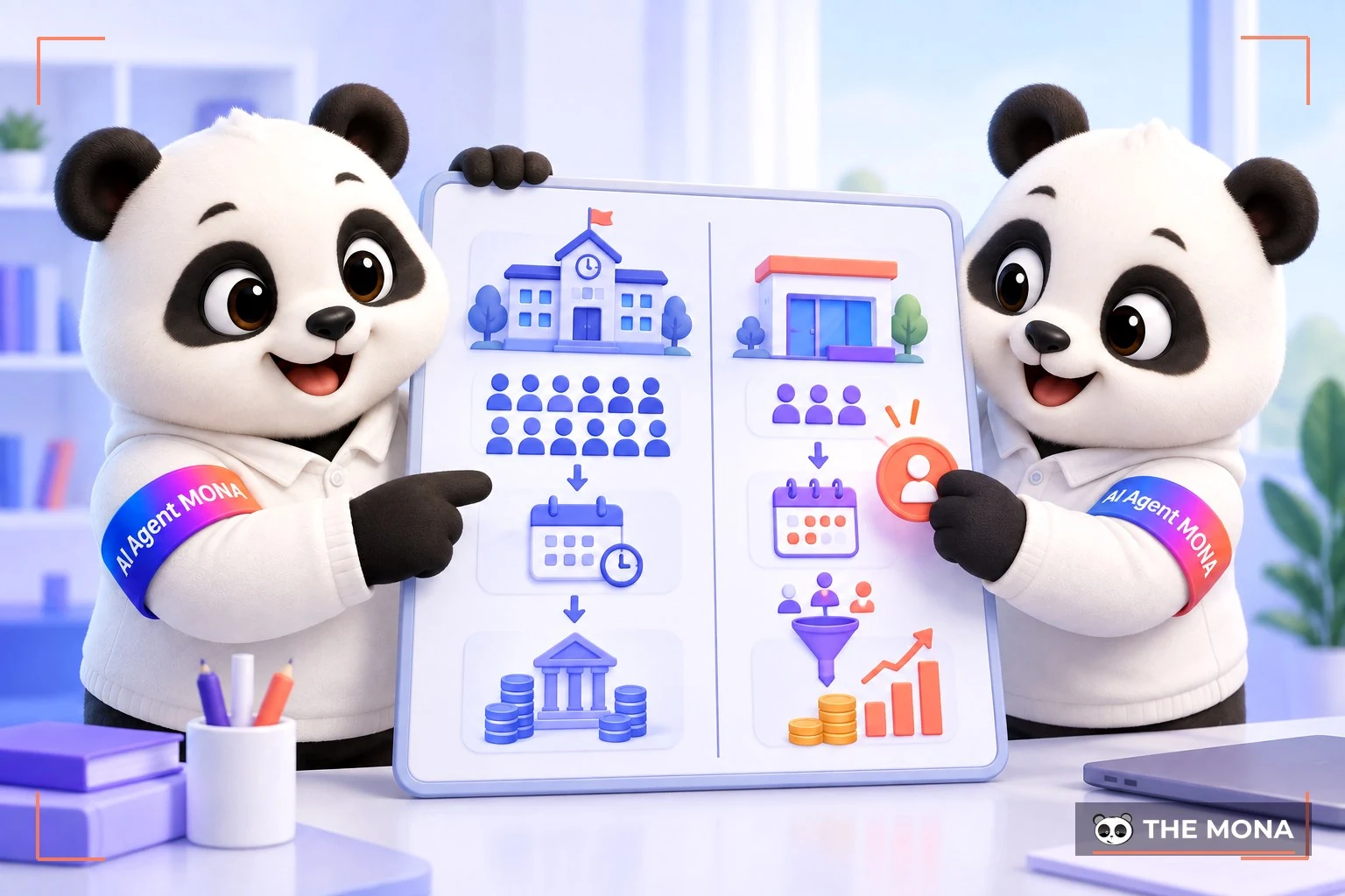 Hai chú gấu MONA cầm bảng phân tích so sánh mô hình vận hành của trường công lập và trung tâm tư nhân.