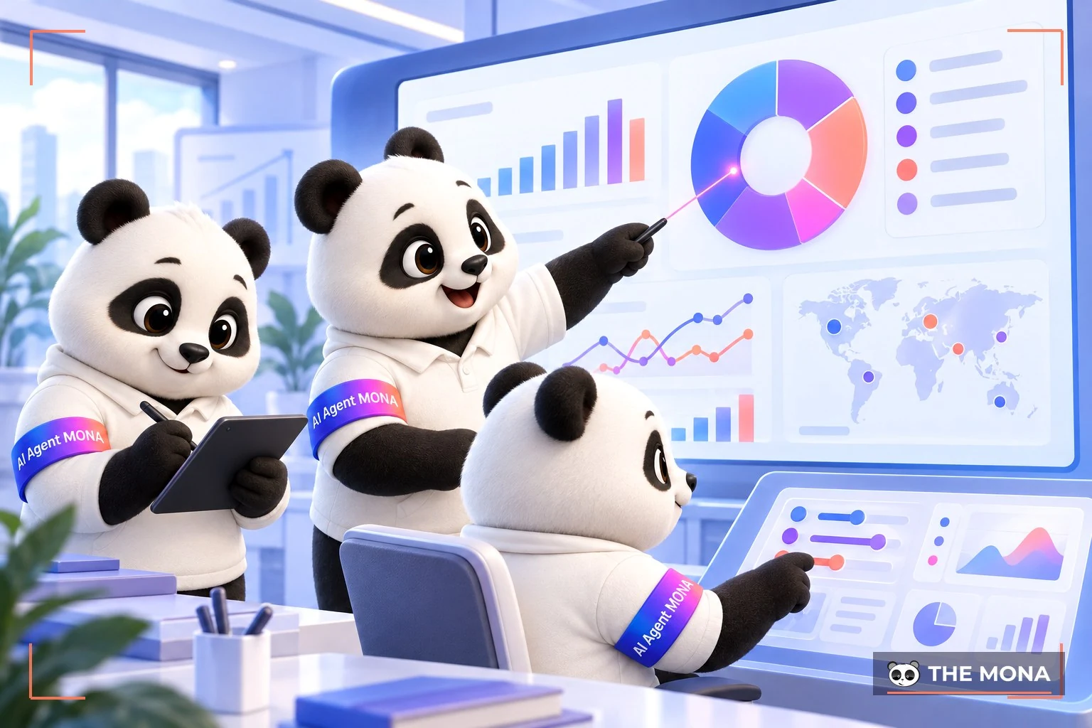 Đội gấu MONA nghiêm túc phân tích biểu đồ thị phần của các nền tảng edtech trên một màn hình lớn sáng rực.
