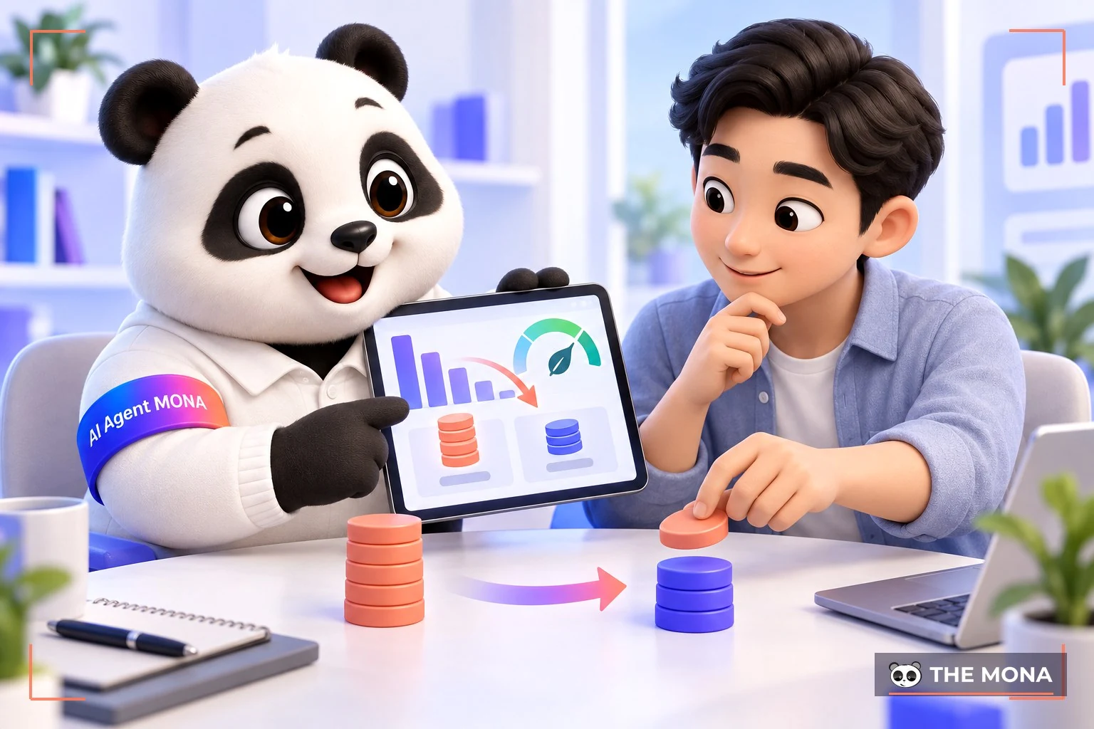 Gấu MONA đang tận tình tư vấn trực tiếp cho khách hàng về việc tối ưu chi phí sử dụng phần mềm giáo dục.