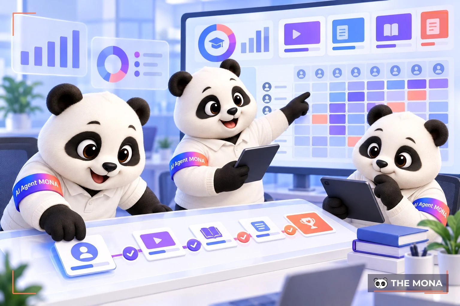 Đội gấu MONA chăm chú theo dõi tiến độ học tập của nhân sự doanh nghiệp qua hệ thống SkillHub.