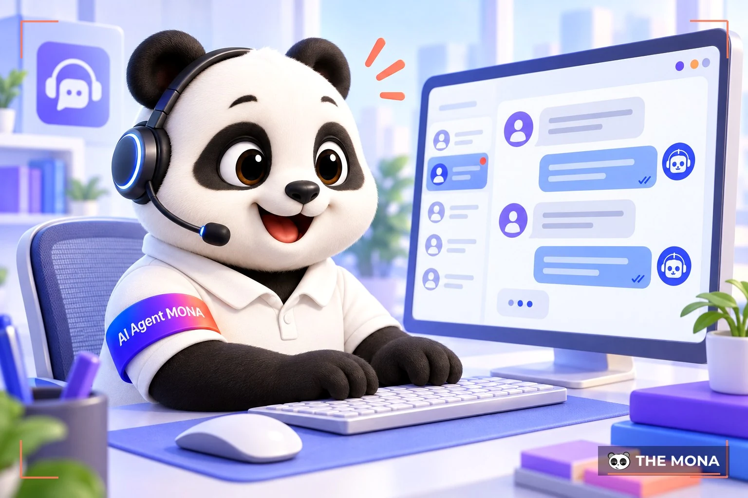 Gấu MONA vui vẻ gõ phím trả lời trực tiếp các thắc mắc của khách hàng qua hệ thống chat trực tuyến.