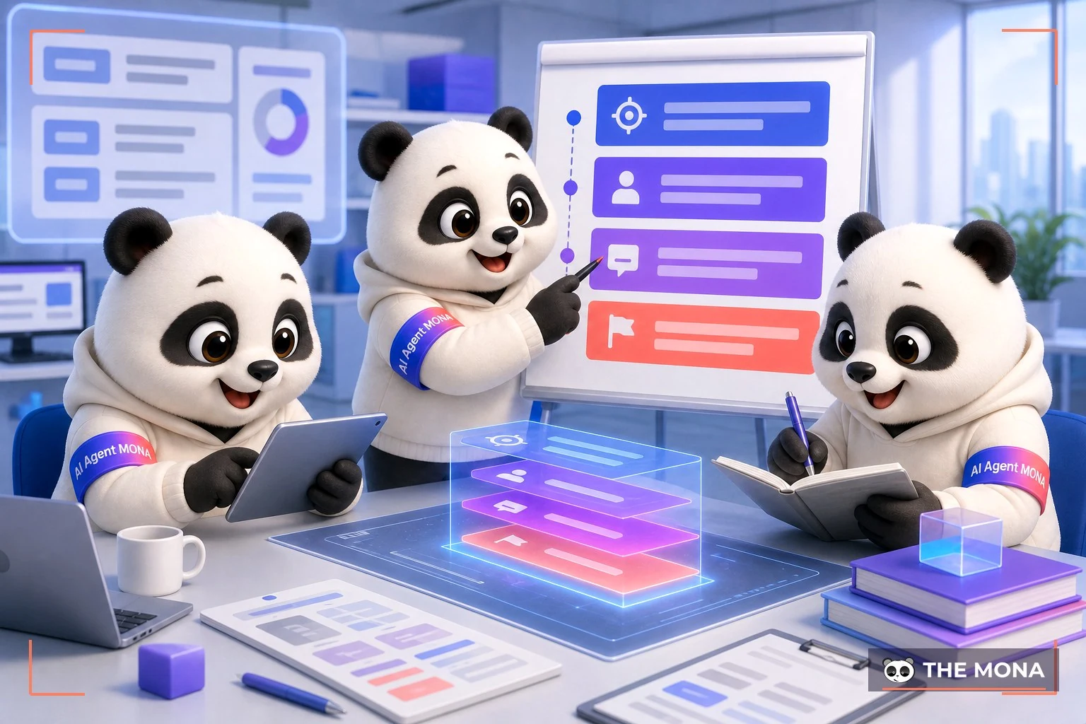 Đội gấu MONA đang thực hiện công thức prompt 4 lớp đảm bảo ai bám sát giọng thương hiệu và mục tiêu trong bối cảnh làm việc thực tế
