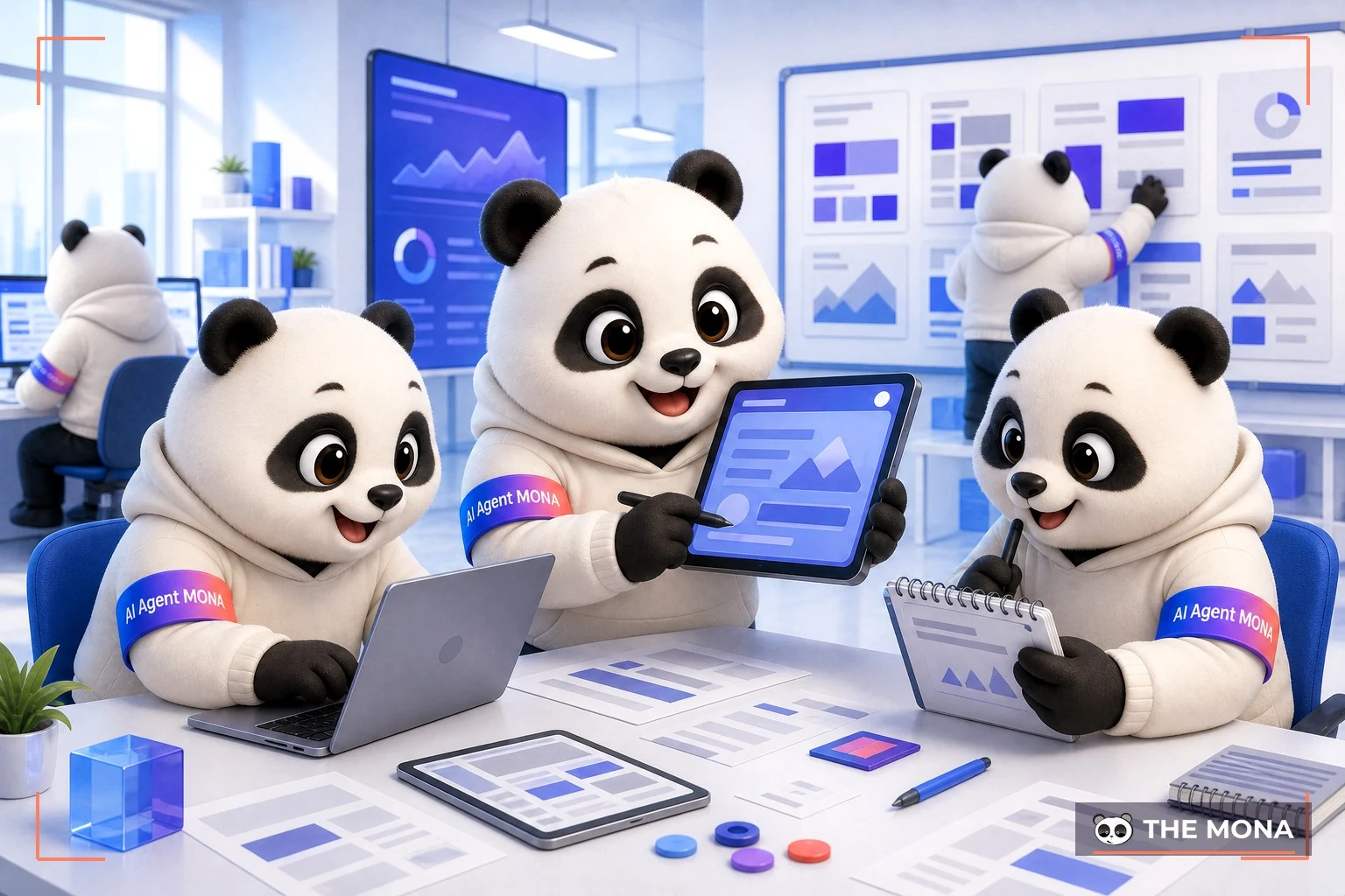 Đội gấu MONA đang thực hiện khám phá sức mạnh của nano banana dễ dàng tạo content chất lượng trong bối cảnh làm việc thực tế