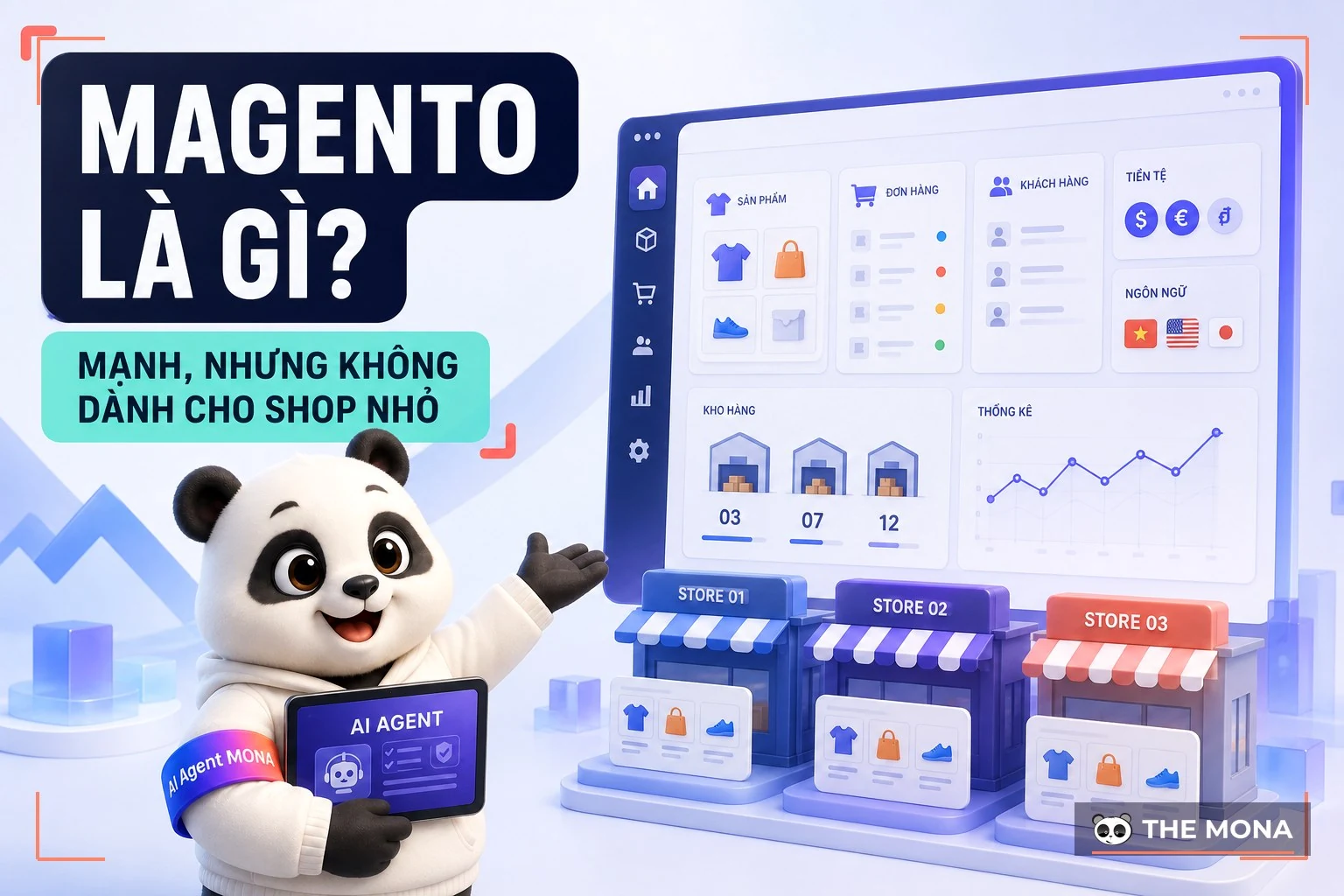 Gấu MONA đứng cạnh dashboard thương mại điện tử Magento nhiều cửa hàng