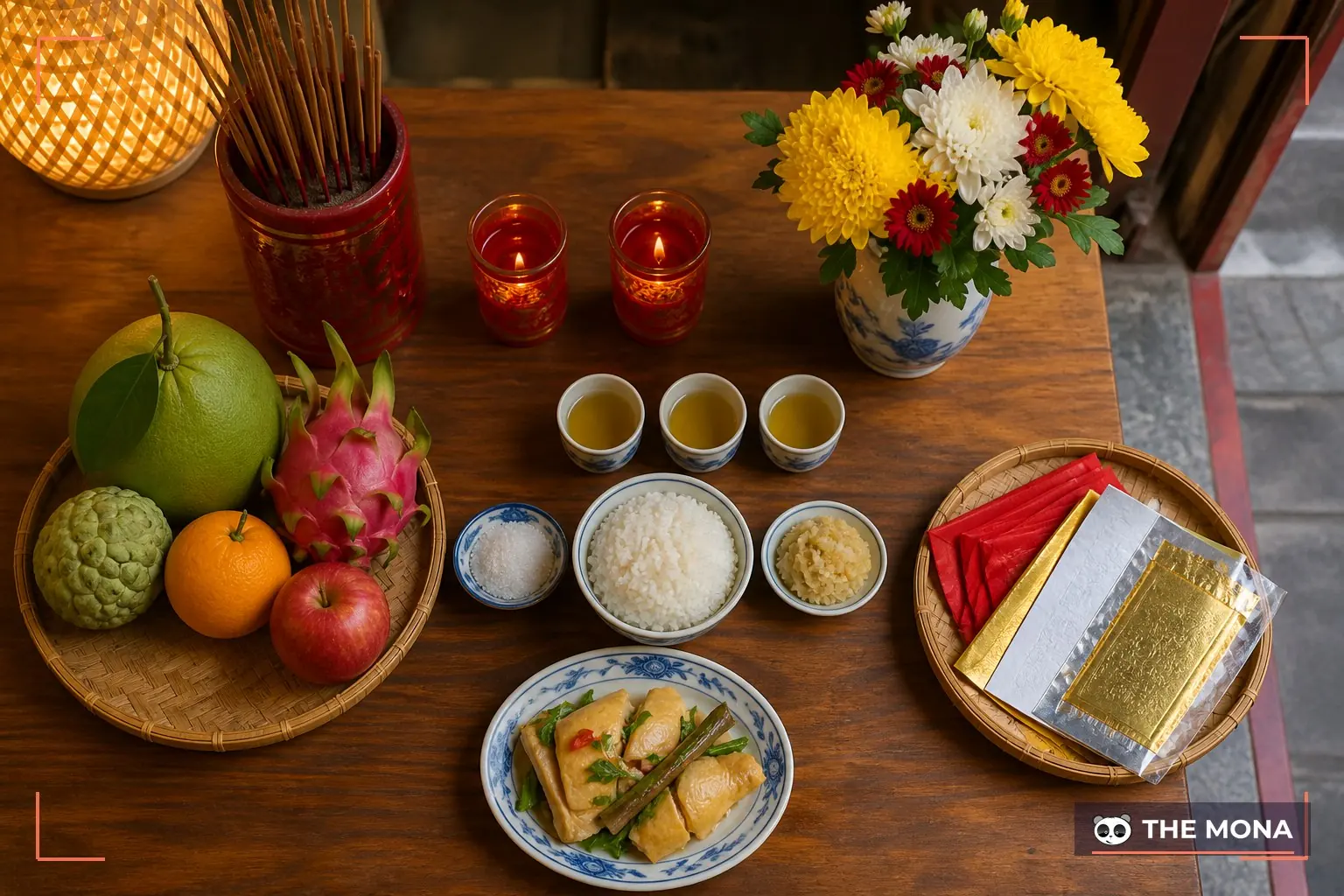Lễ vật khai trương cửa hàng gồm hoa quả trà gạo và muối