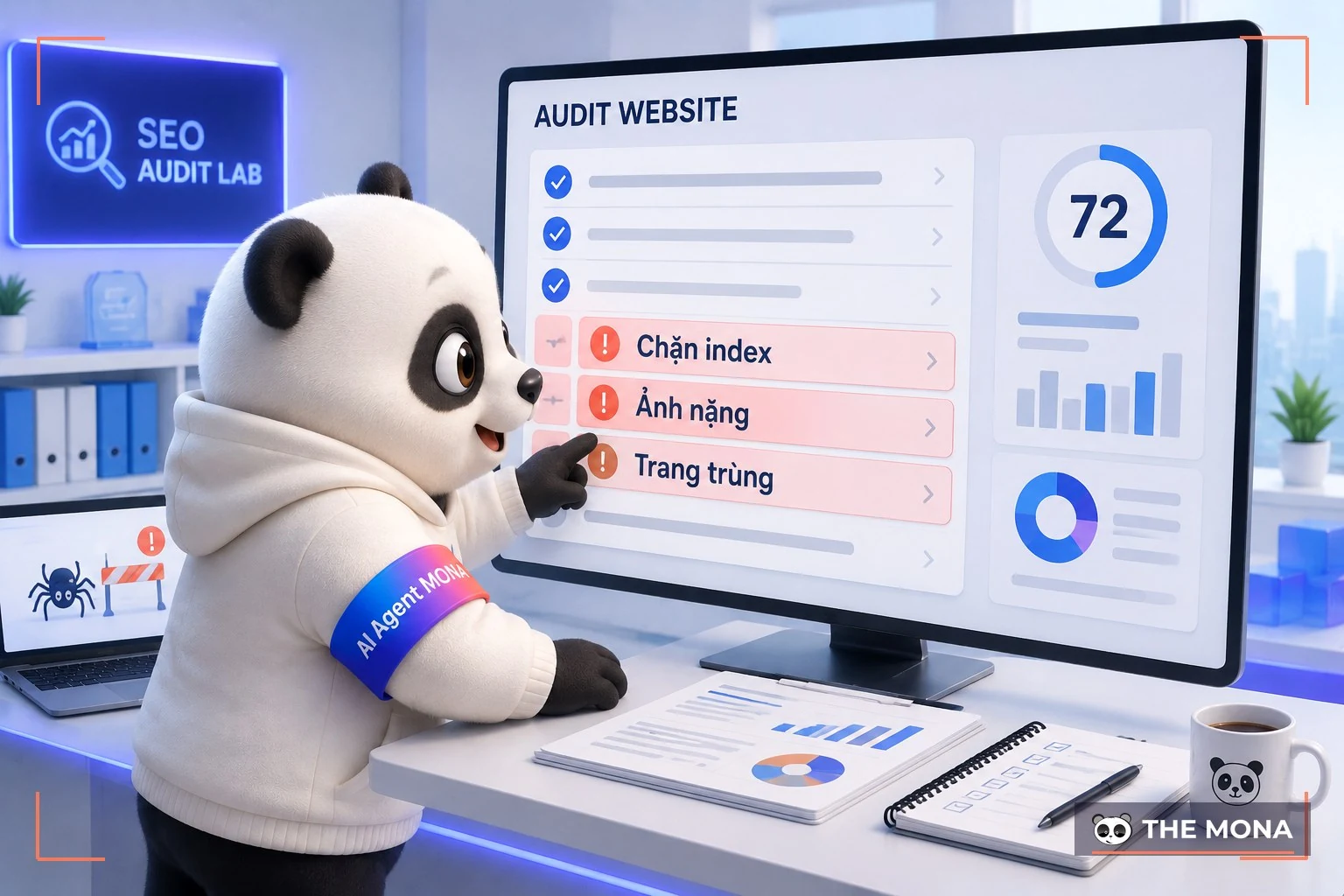 Gấu MONA rà màn hình audit website với ba lỗi chặn index, ảnh nặng và trang trùng được đánh dấu đỏ