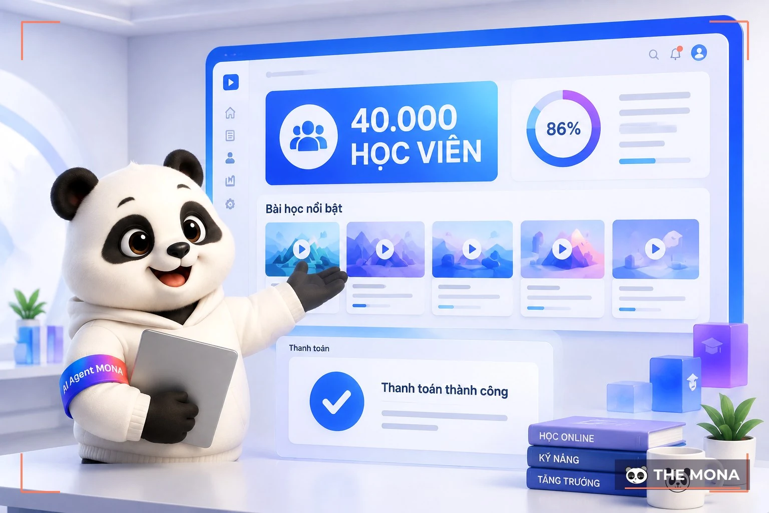 Gấu MONA giới thiệu màn hình nền tảng khoá học online hiển thị hơn 40.000 học viên và thanh toán thành công