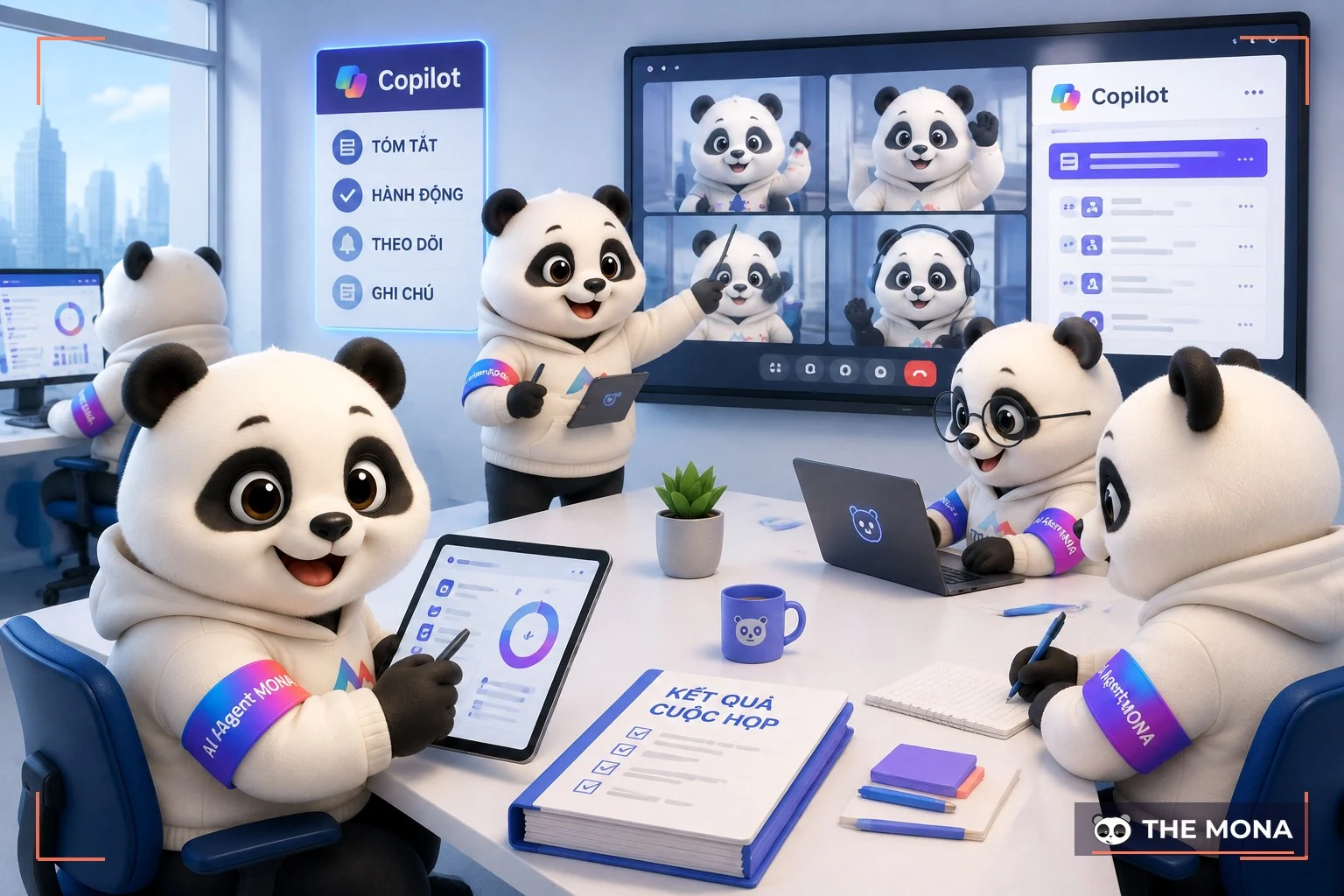Đội gấu MONA đang thực hiện tối ưu hiệu suất cuộc họp teams với copilot đánh giá nhanh 80% điểm cốt lõi trong bối cảnh làm việc thực tế
