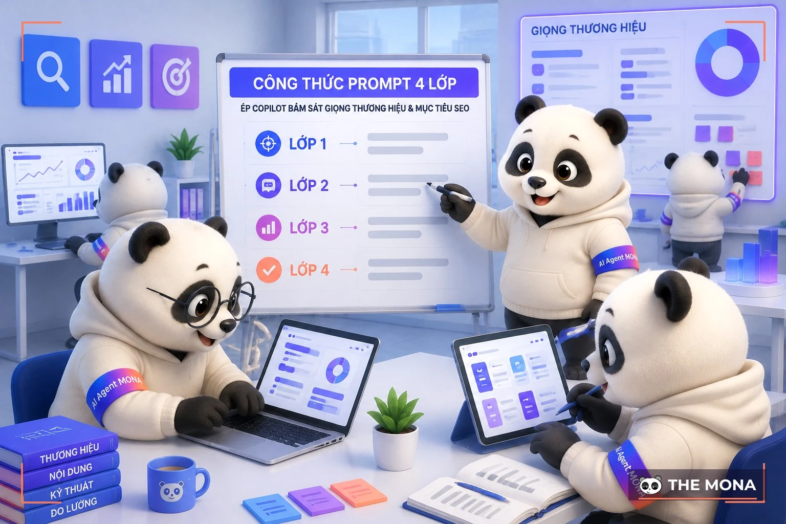 Đội gấu MONA đang thực hiện công thức prompt 4 lớp ép copilot bám sát giọng thương hiệu và mục tiêu seo trong bối cảnh làm việc thực tế