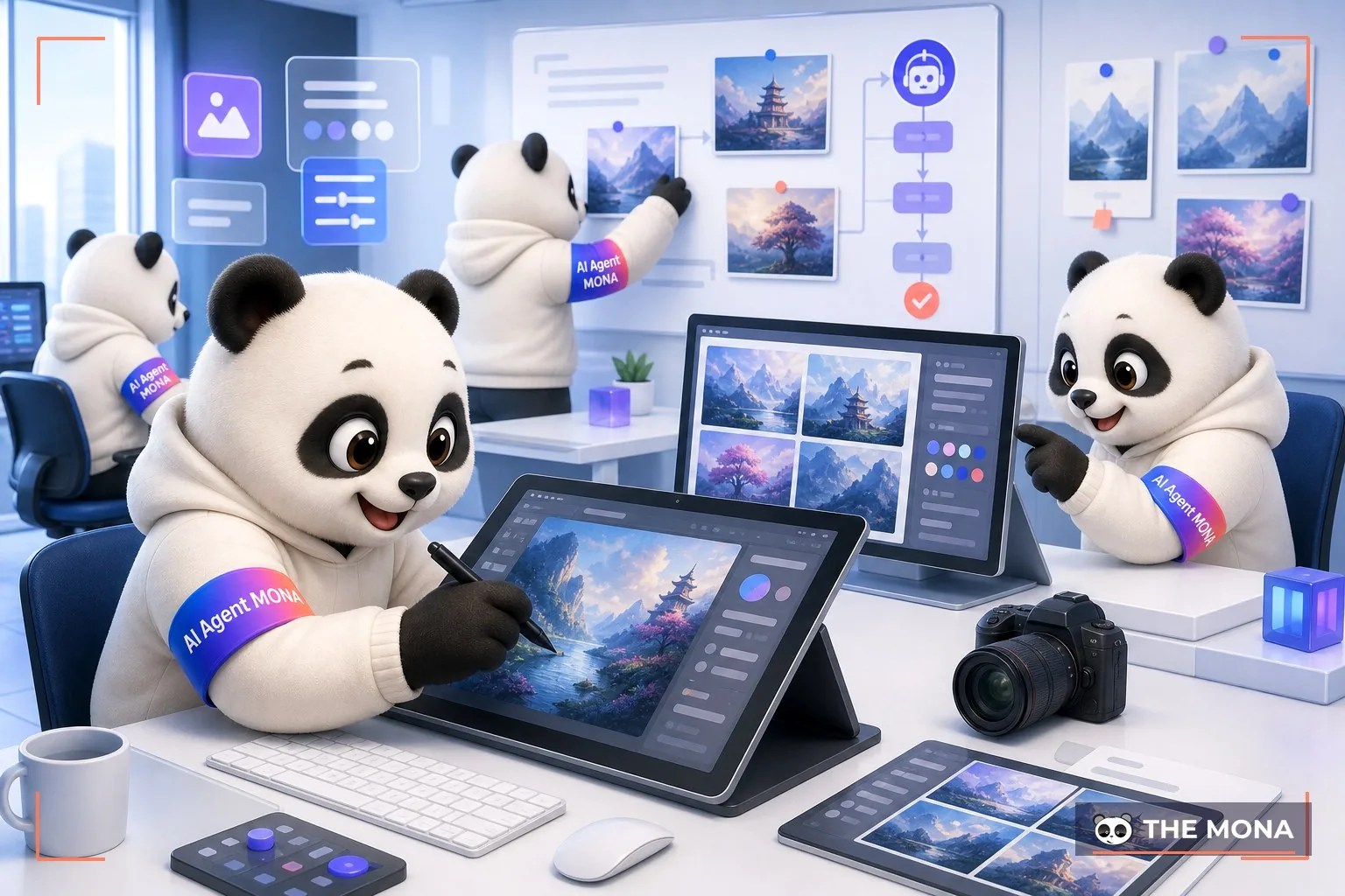 Đội gấu MONA đang thực hiện bí kíp khởi đầu tạo hình ảnh trong tích tắc với midjourney trong bối cảnh làm việc thực tế