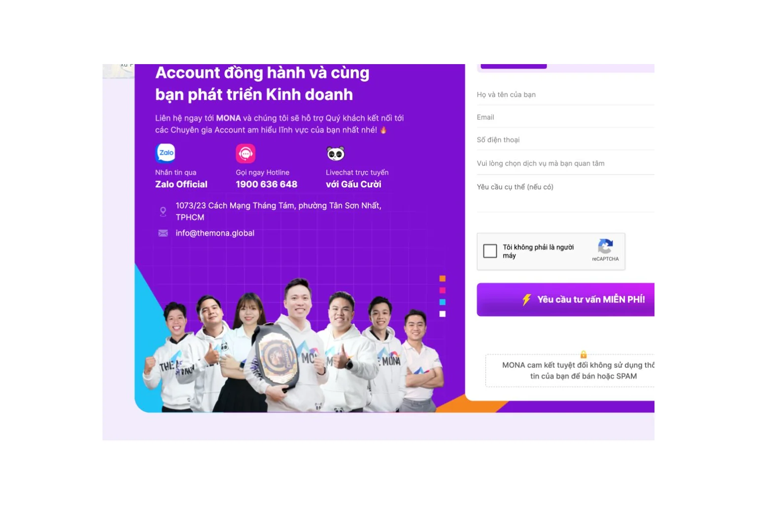 Biểu mẫu tư vấn và đội ngũ trên website dịch vụ của MONA