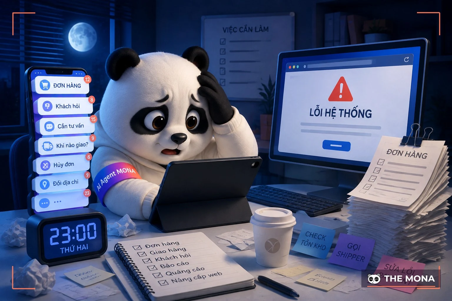 Người kinh doanh một mình ngập trong tin nhắn khách, đơn ùn và màn hình web báo lỗi lúc 11 giờ đêm