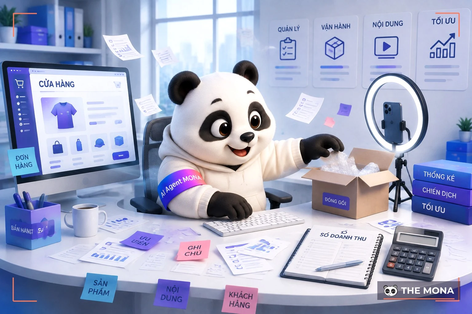 Một solopreneur ngồi giữa bàn vòng cung, một mình lo màn hình bán hàng, thùng đóng gói, góc quay video và sổ thu chi